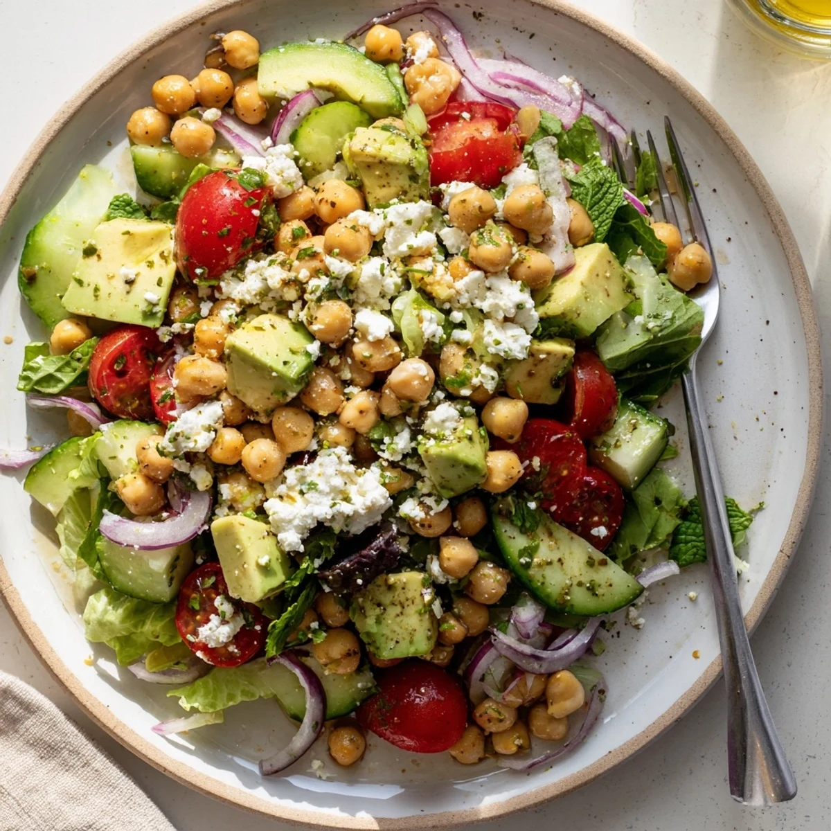 Hearty chickpea feta avocado salad served over mixed greens in a rustic bowl
