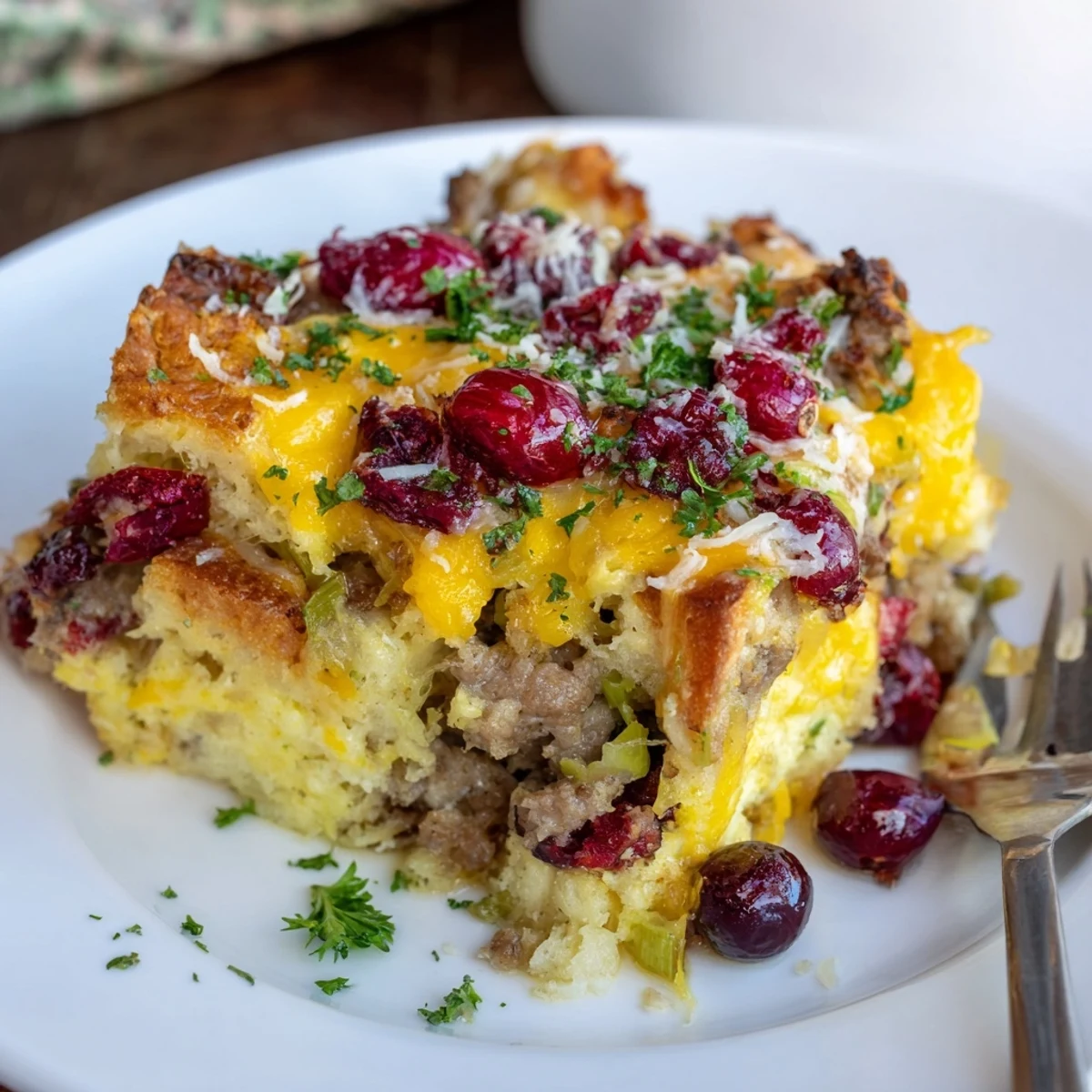Golden baked cranberry sausage stuffing breakfast casserole with melted cheddar and fresh herbs