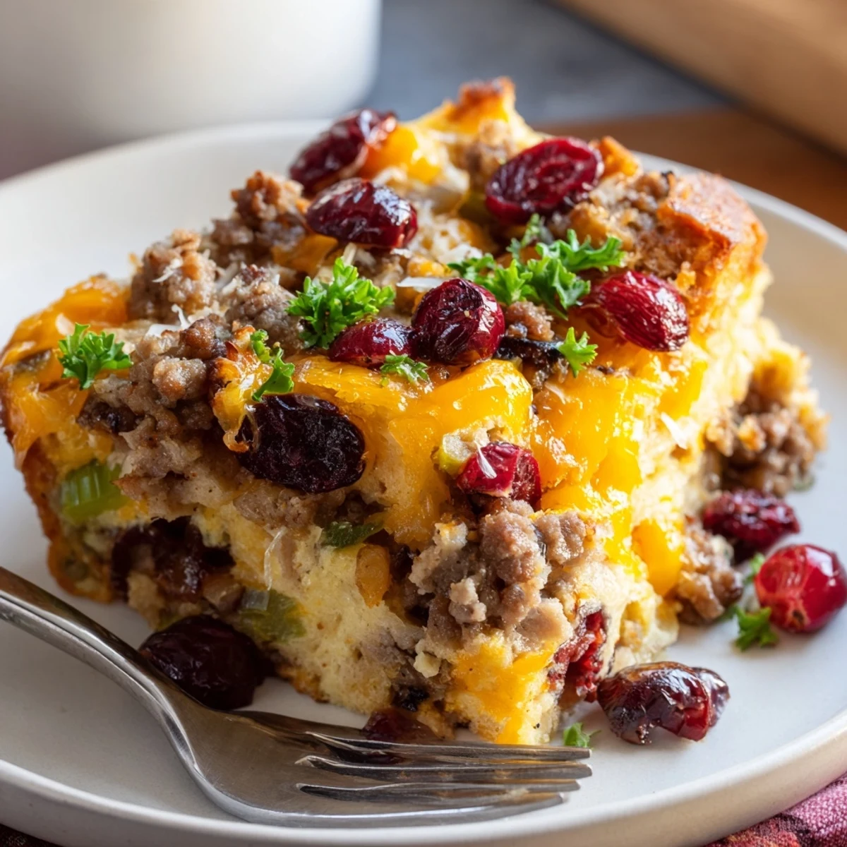 Cranberry sausage stuffing breakfast casserole fresh from the oven with a crispy golden crust