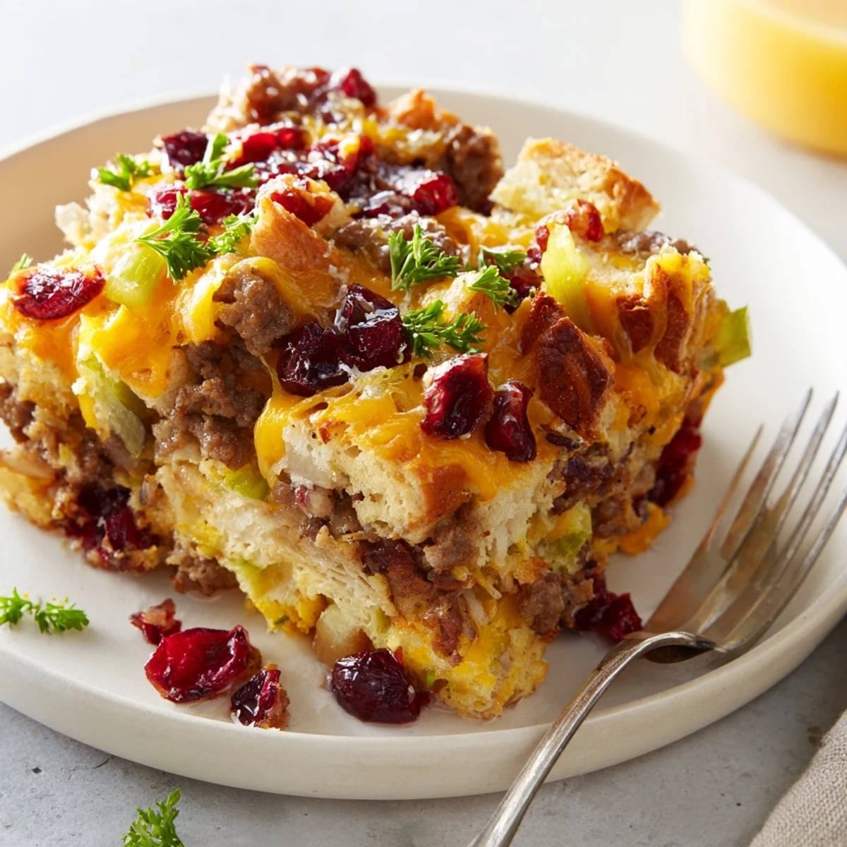 Steaming spoonful of cranberry sausage stuffing breakfast casserole topped with gooey melted cheese