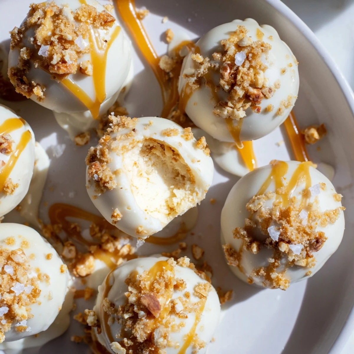 Creamy salted caramel pretzel cheesecake balls drizzled with golden caramel on a rustic tray