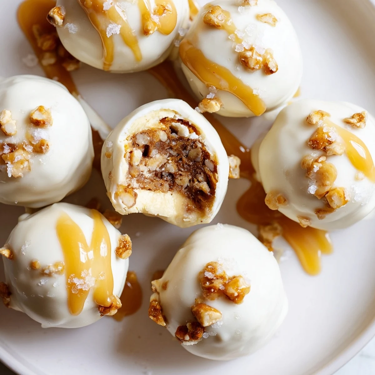 Golden-dipped salted caramel pretzel cheesecake balls coated in crushed pretzels and flaky salt