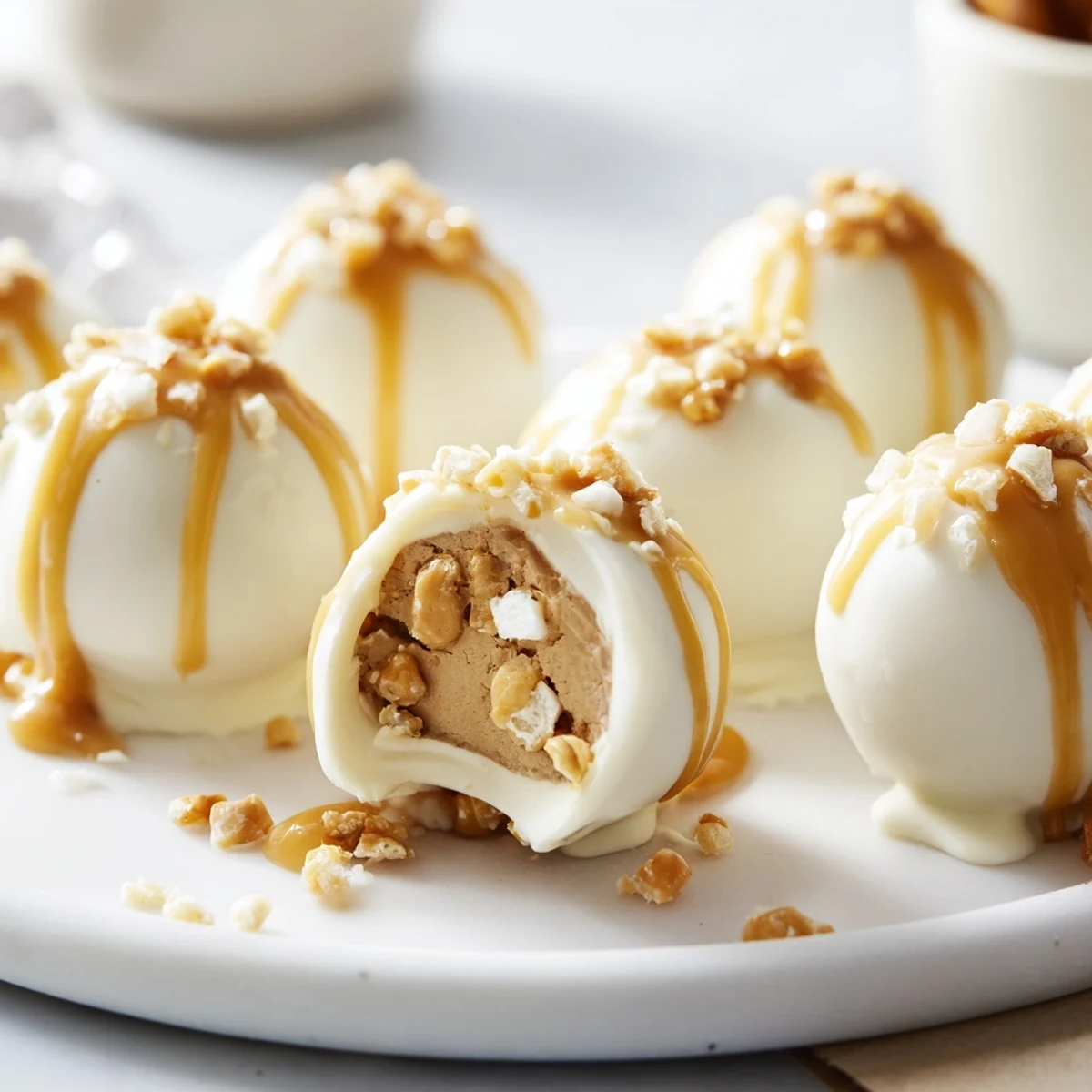 Bite-sized salted caramel pretzel cheesecake balls glistening with white chocolate and sticky caramel