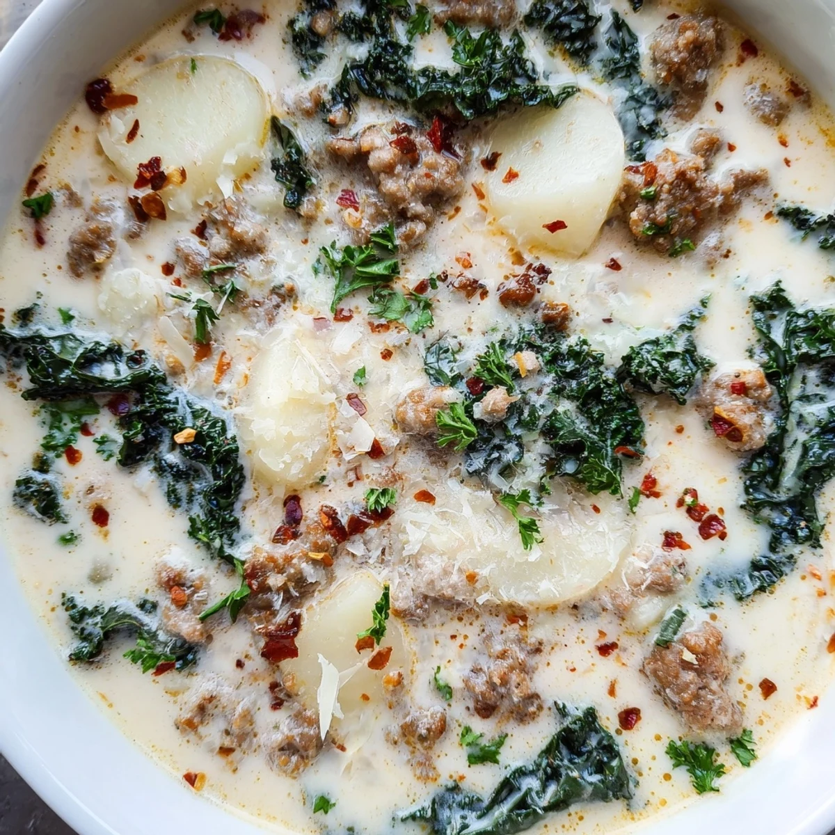 Creamy Zuppa Toscana soup loaded with sausage, potatoes, and tender kale