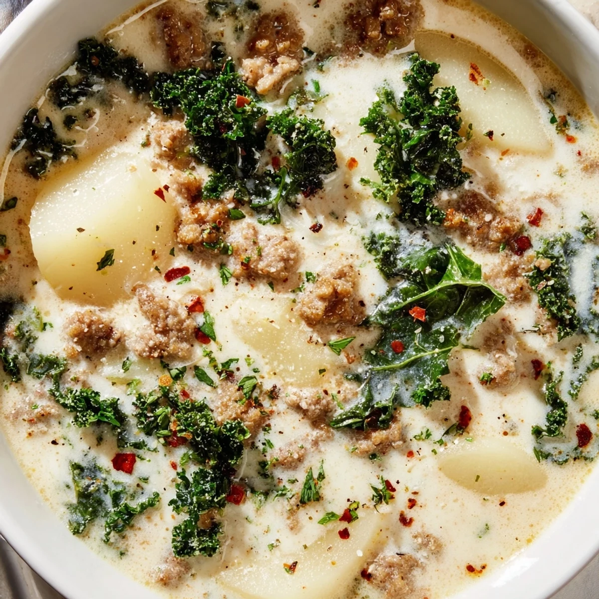 Hearty Zuppa Toscana soup in a rustic bowl topped with Parmesan garnish
