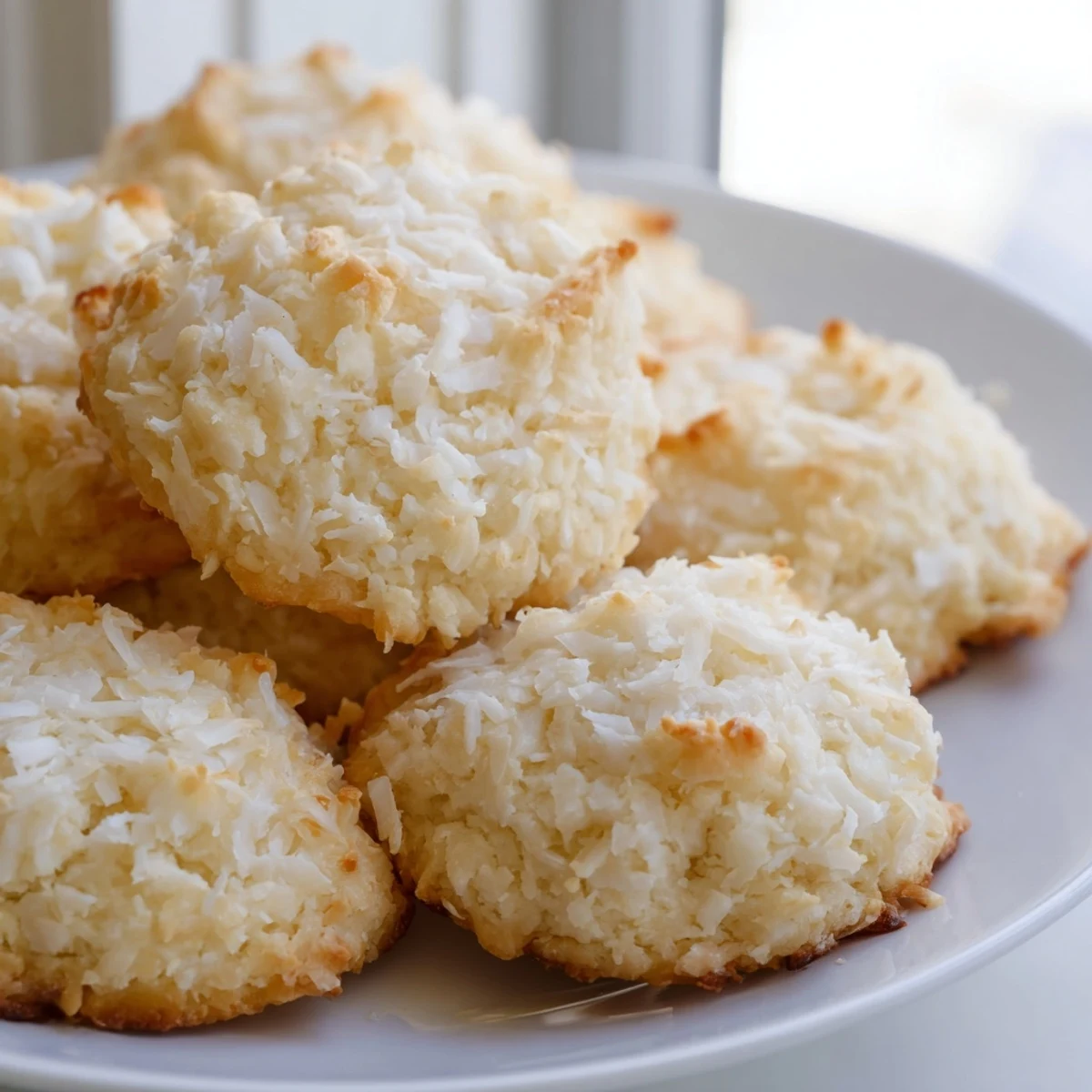 Soft and buttery coconut cookies topped with shredded coconut cooling on a wire rack