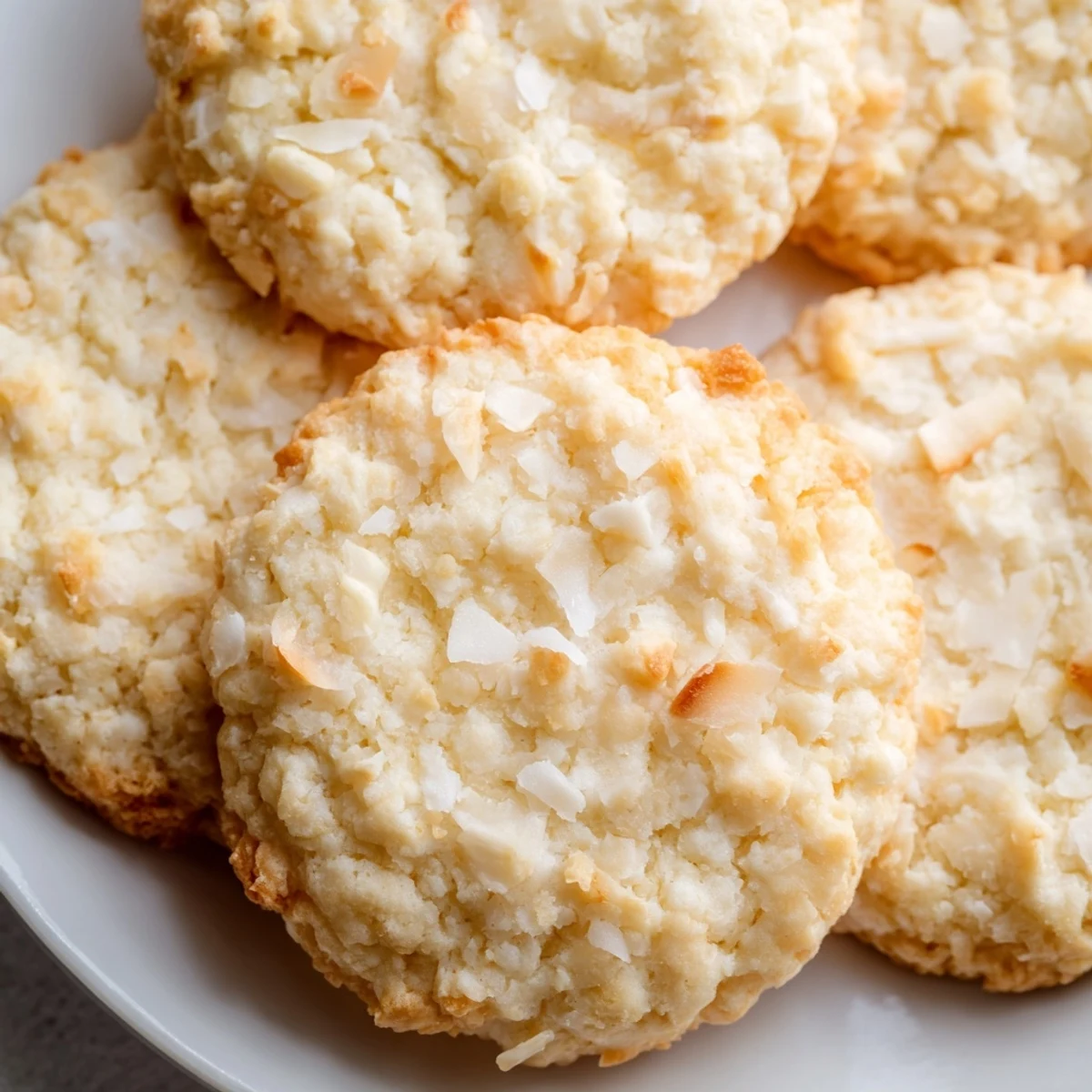 Golden coconut cookies with crisp edges and chewy centers on a rustic baking sheet
