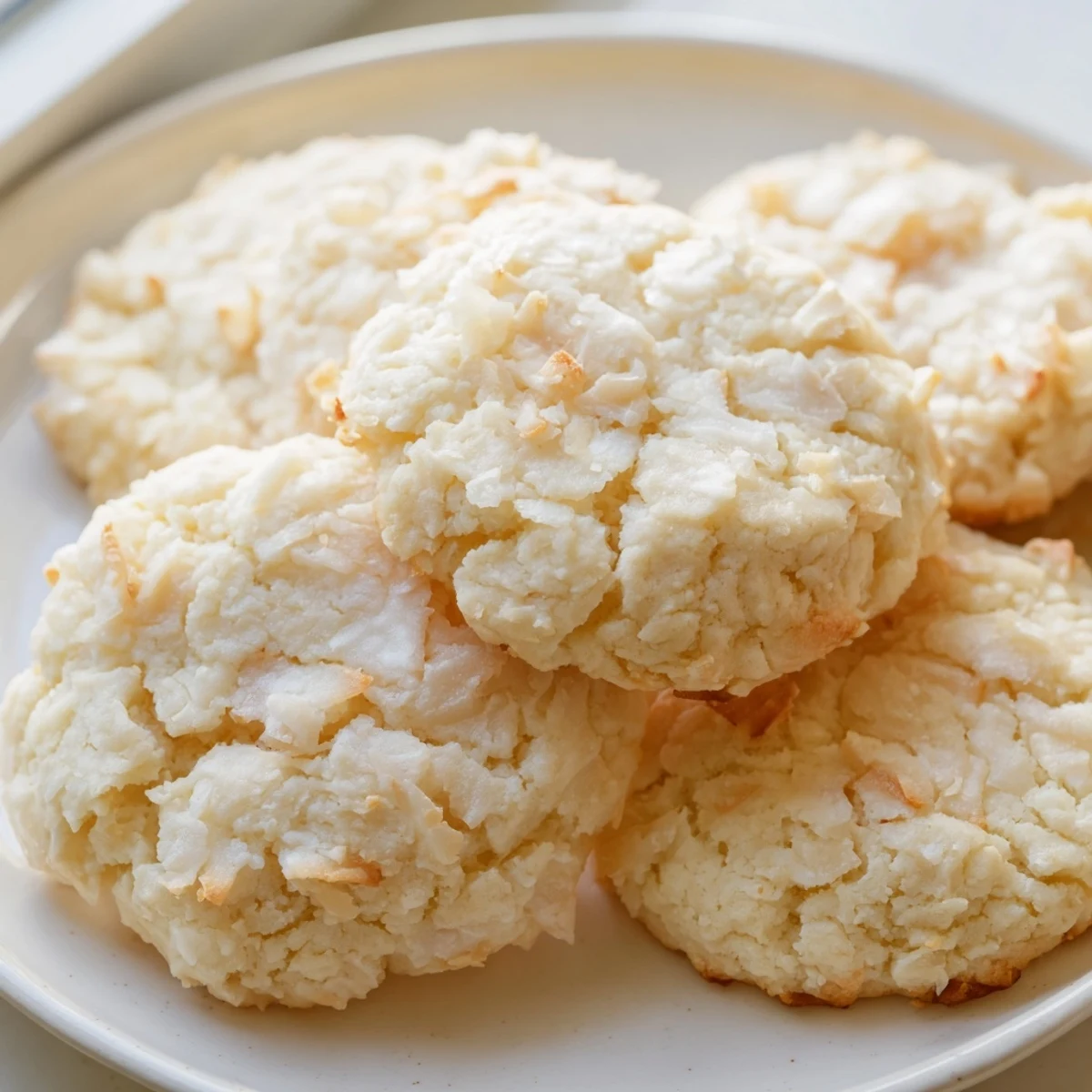 Plate of warm coconut cookies served with a glass of milk for an afternoon snack