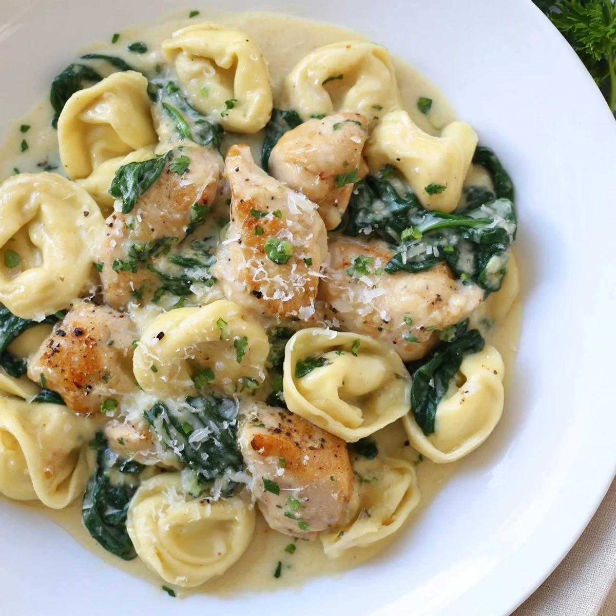 Creamy garlic chicken tortellini with spinach served in a warm skillet
