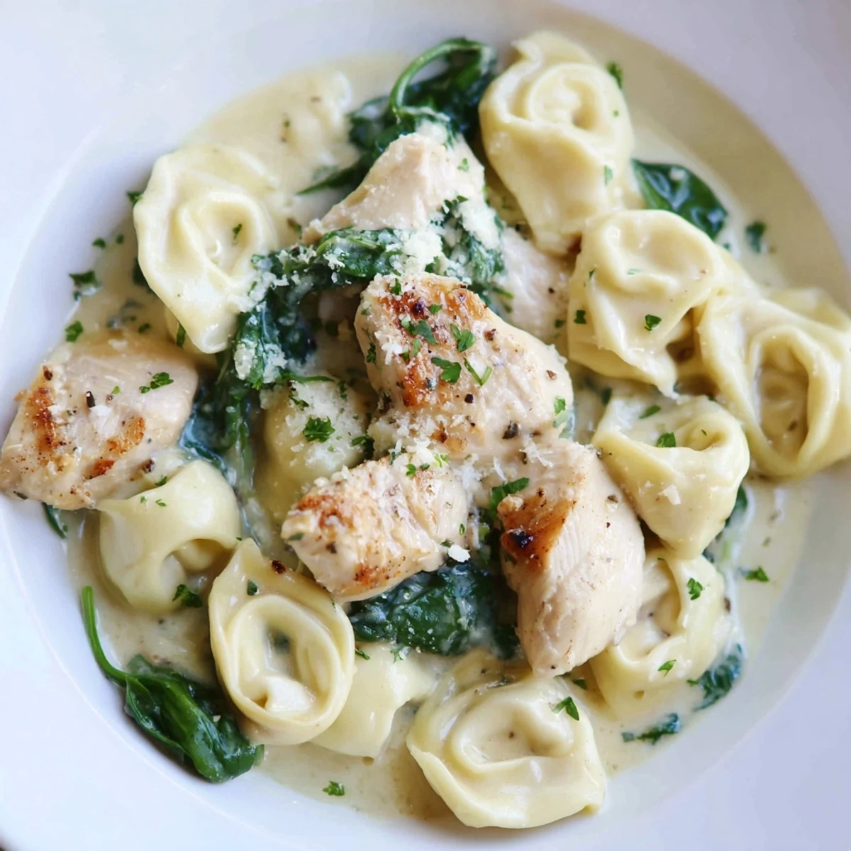 Golden chicken and tender tortellini in creamy garlic spinach sauce on plates