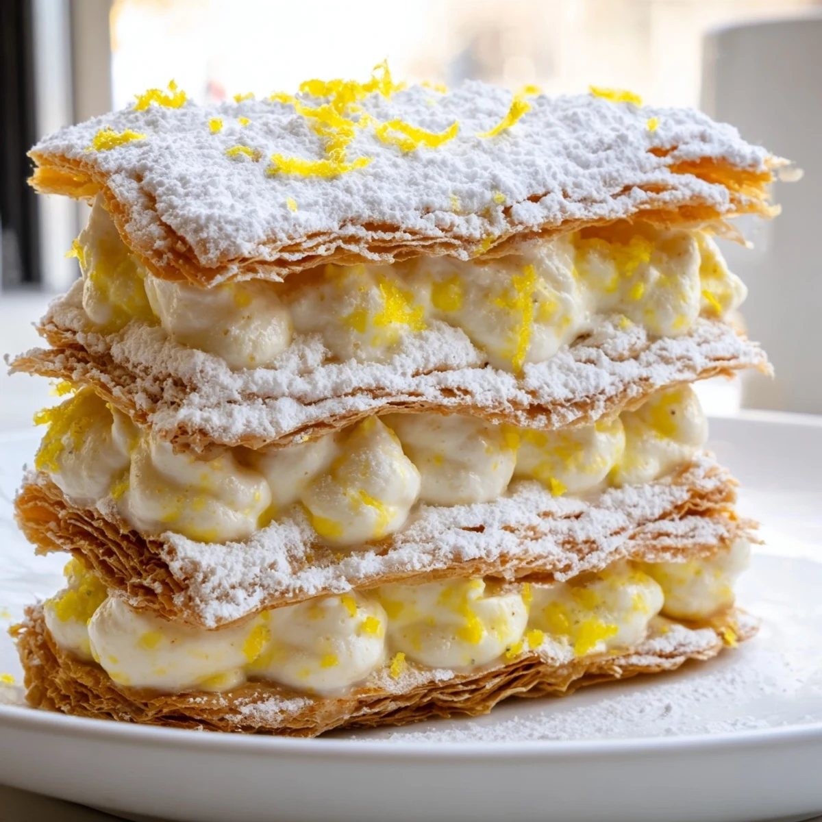 Crispy lemon ricotta puff pastry mille feuille layered with creamy zesty filling and powdered sugar