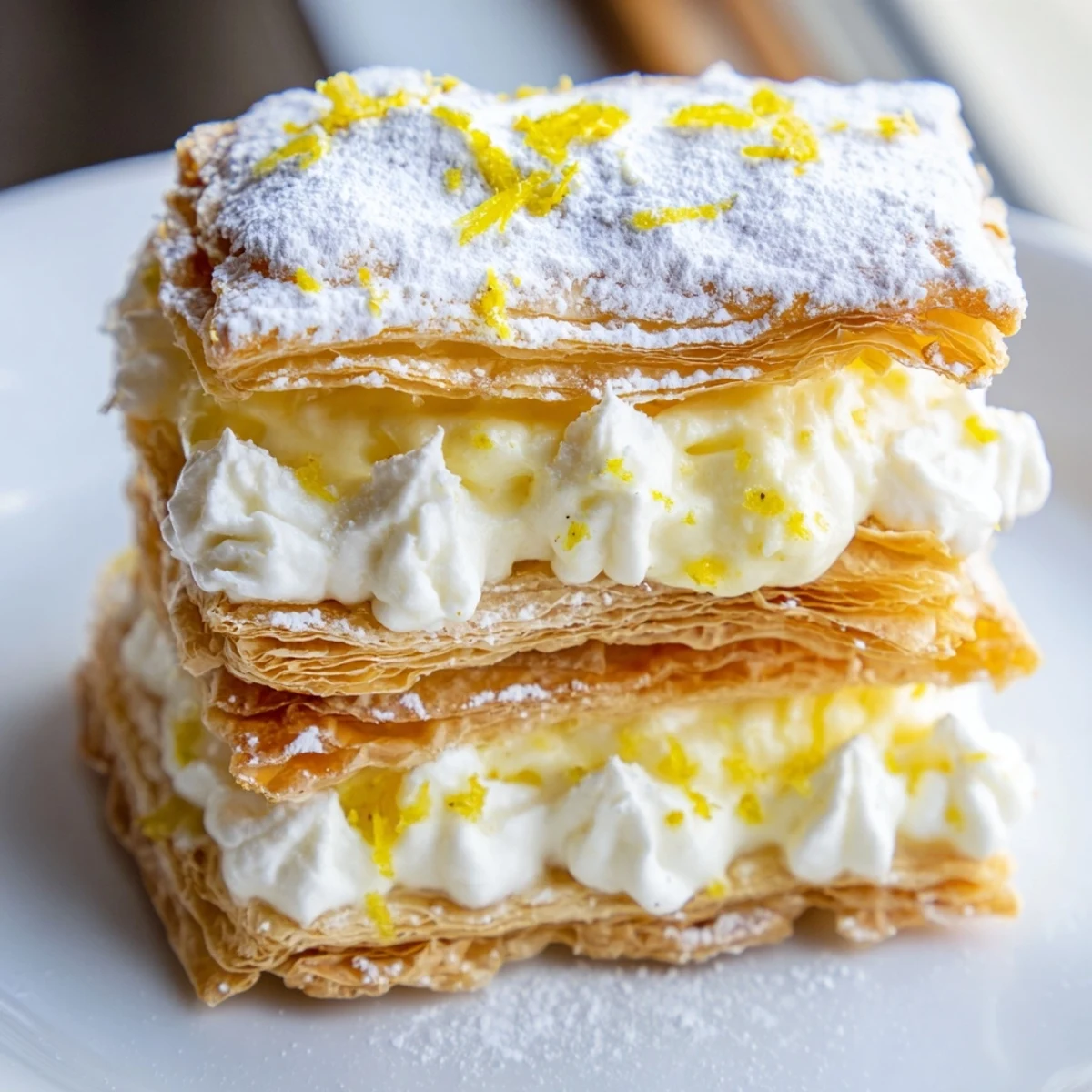 Golden flaky lemon ricotta puff pastry mille feuille topped with sweet citrus cream dusted with sugar