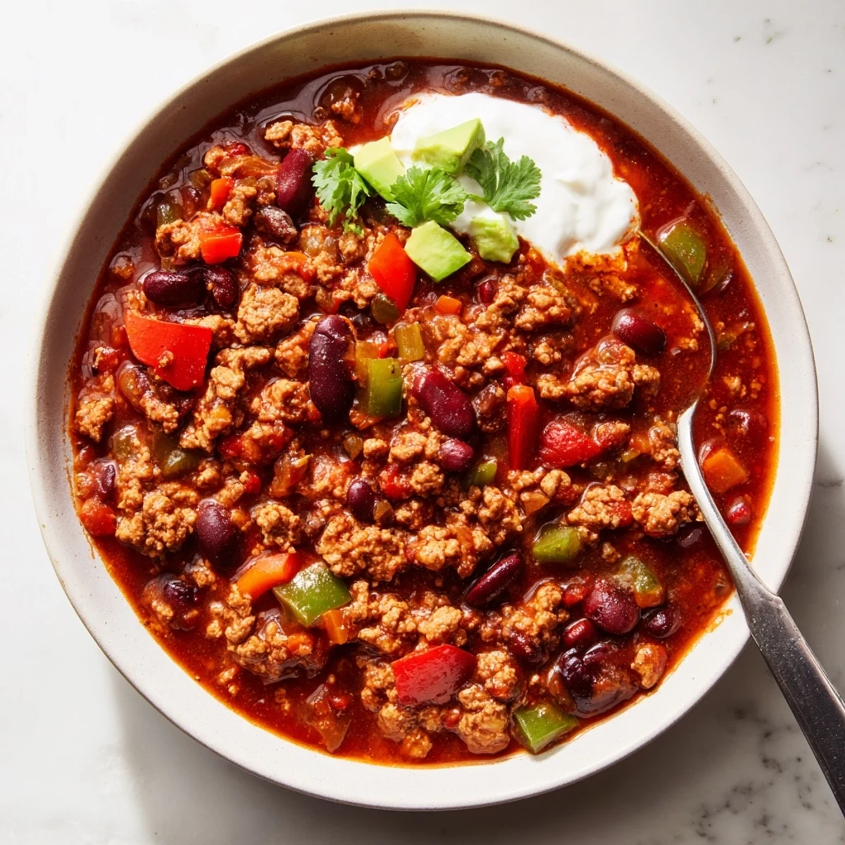 Steaming bowl of diabetic chili recipe topped with fresh avocado and cilantro