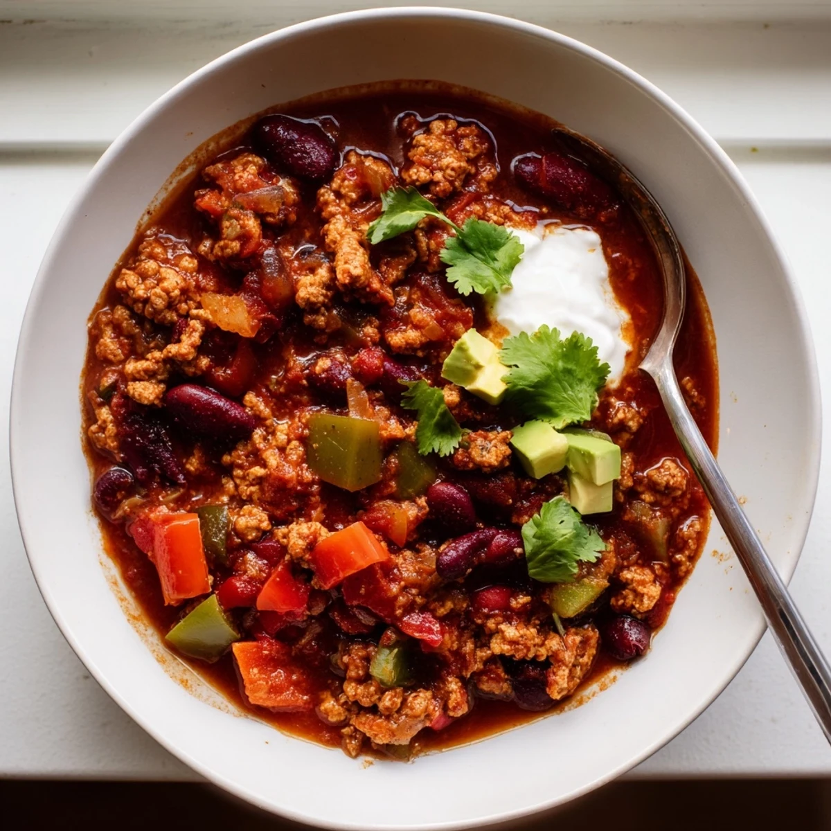 Hearty diabetic chili recipe loaded with colorful bell peppers beans and lean turkey