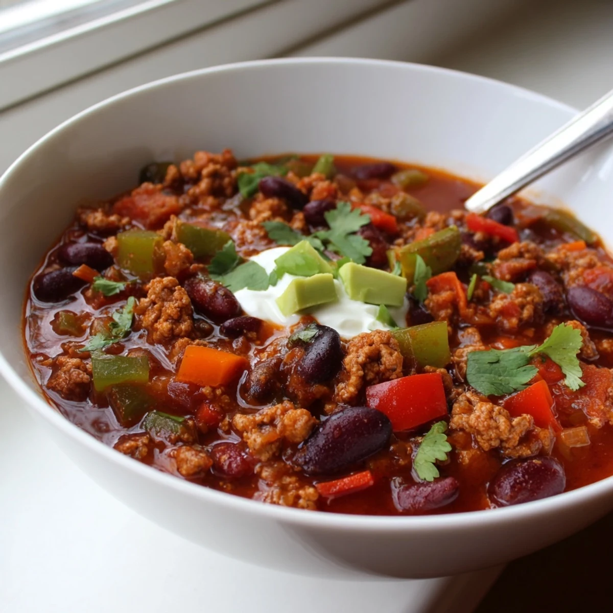 Thick rustic diabetic chili recipe simmered in a cast iron Dutch oven
