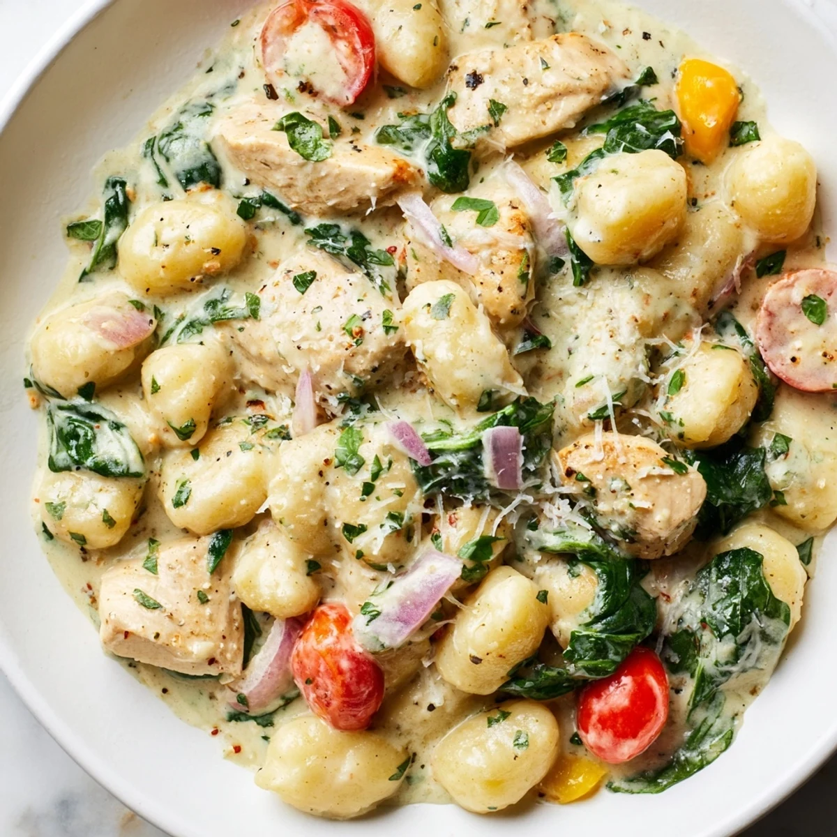 Creamy herb chicken gnocchi skillet bubbling in a rustic cast iron pan