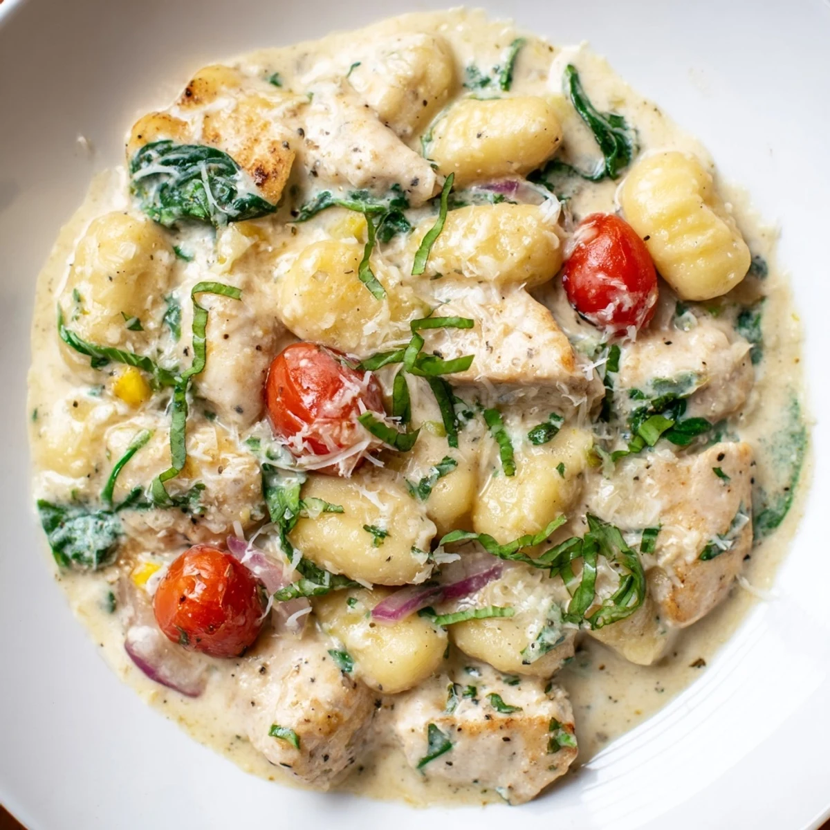 Golden seared chicken and pillowy gnocchi swimming in a velvety herb cream sauce