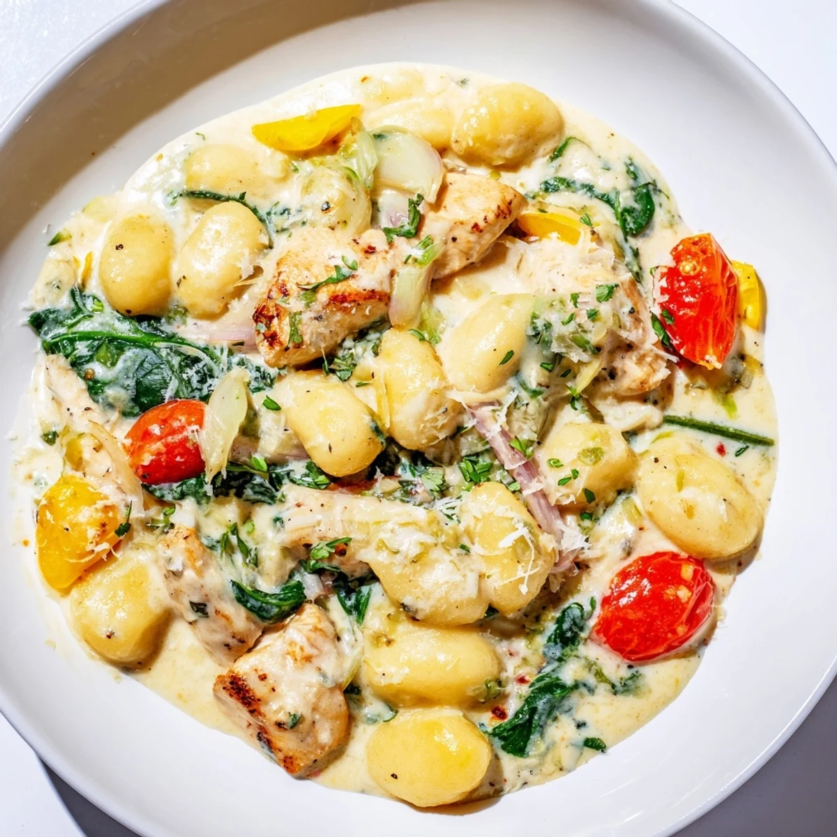 Creamy herb chicken gnocchi skillet topped with fresh parsley and Parmesan shavings