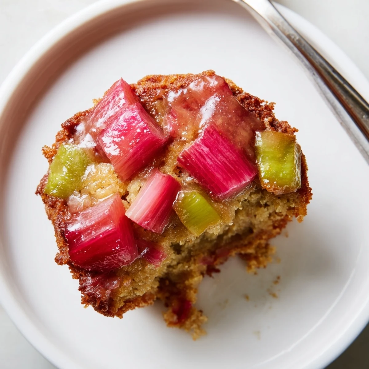 Golden upside down rhubarb muffins with caramelized fruit gleaming on a wire rack