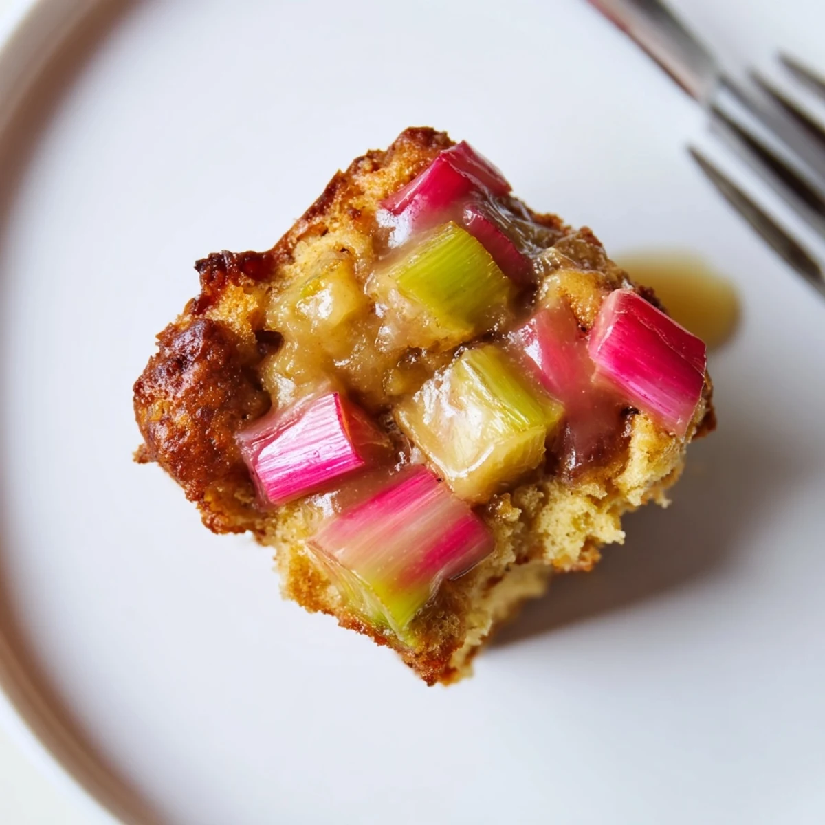Moist upside down rhubarb muffins served on a rustic plate with powdered sugar
