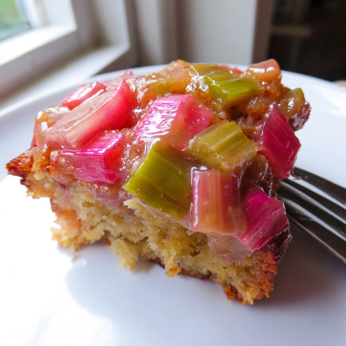 Warm upside down rhubarb muffins flipped to reveal glistening ruby fruit tops
