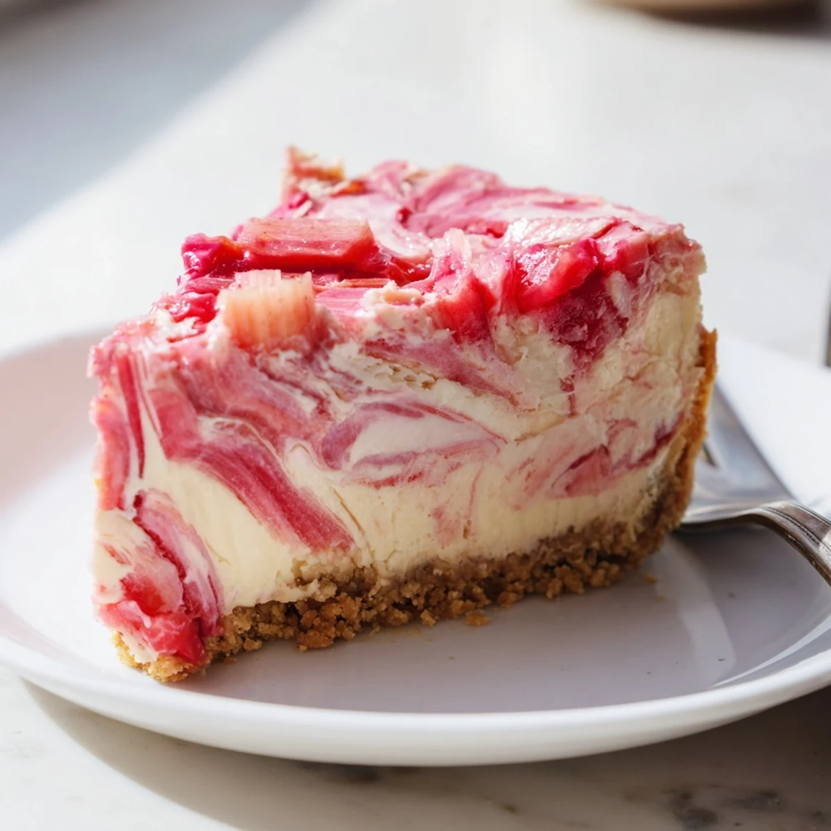Creamy keto rhubarb cheesecake with vibrant pink swirls sliced on a rustic plate