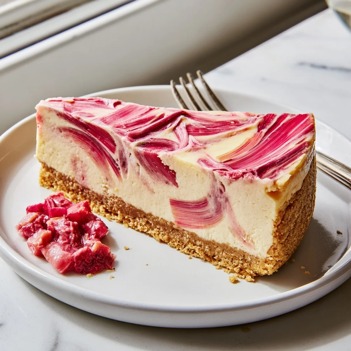 A silky slice of keto rhubarb cheesecake topped with a tangy fruit compote