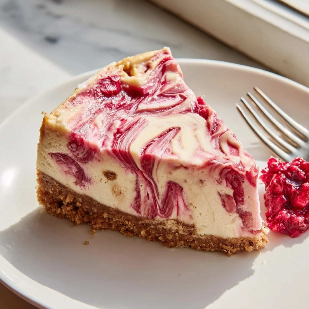 Golden almond flour crust anchors this luscious keto rhubarb cheesecake with swirled topping