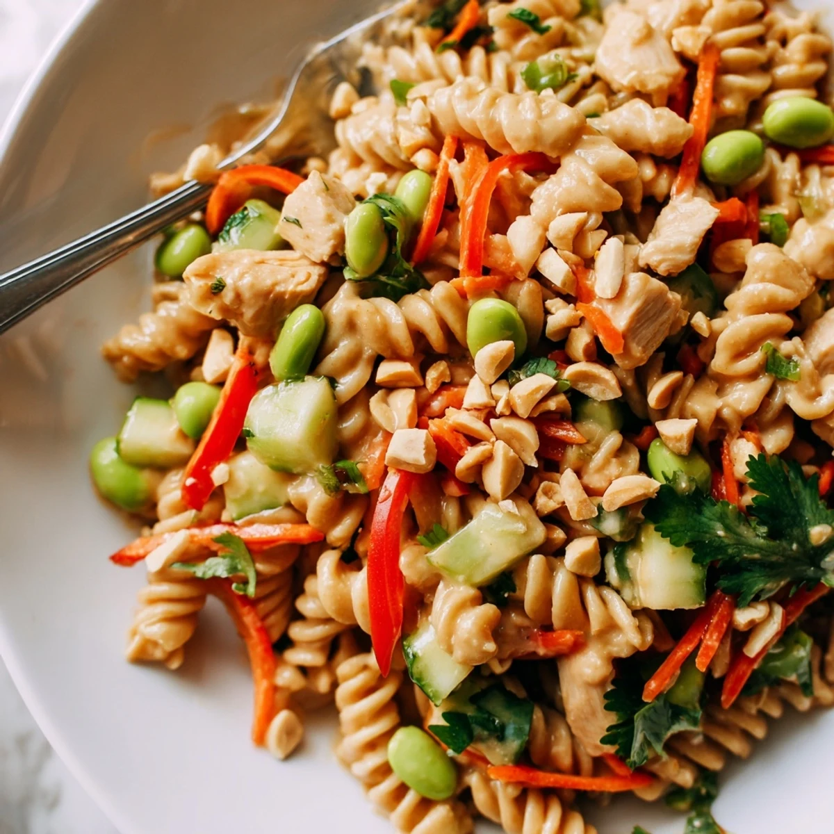 Creamy peanut dressing coating Protein Packed Thai Pasta Salad with chicken edamame and lime wedges