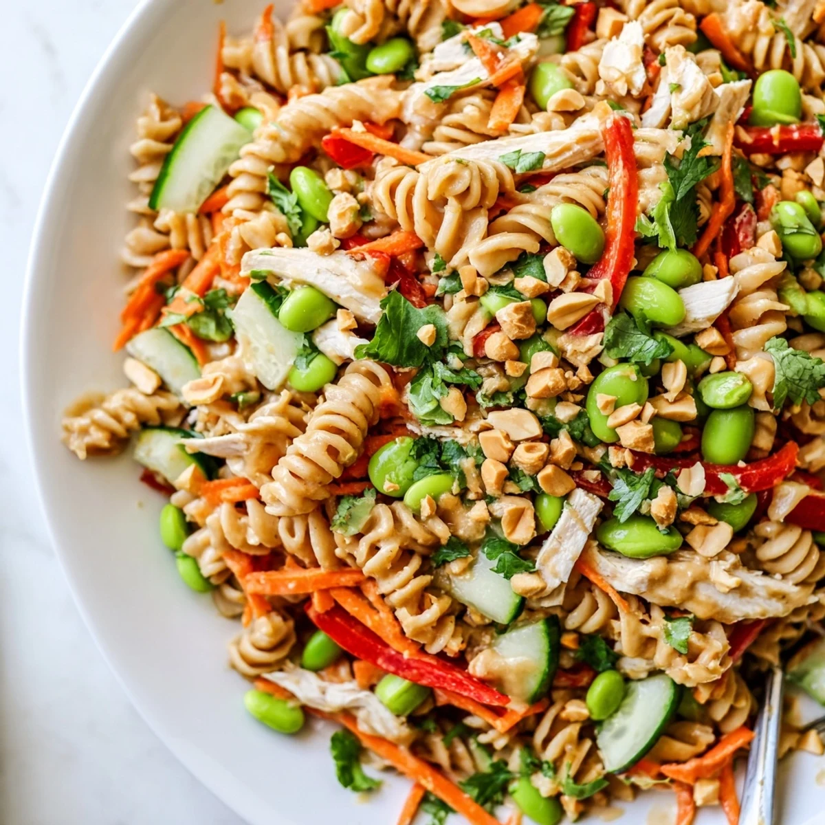 Colorful Protein Packed Thai Pasta Salad in a bowl with peanut dressing and crisp vegetables
