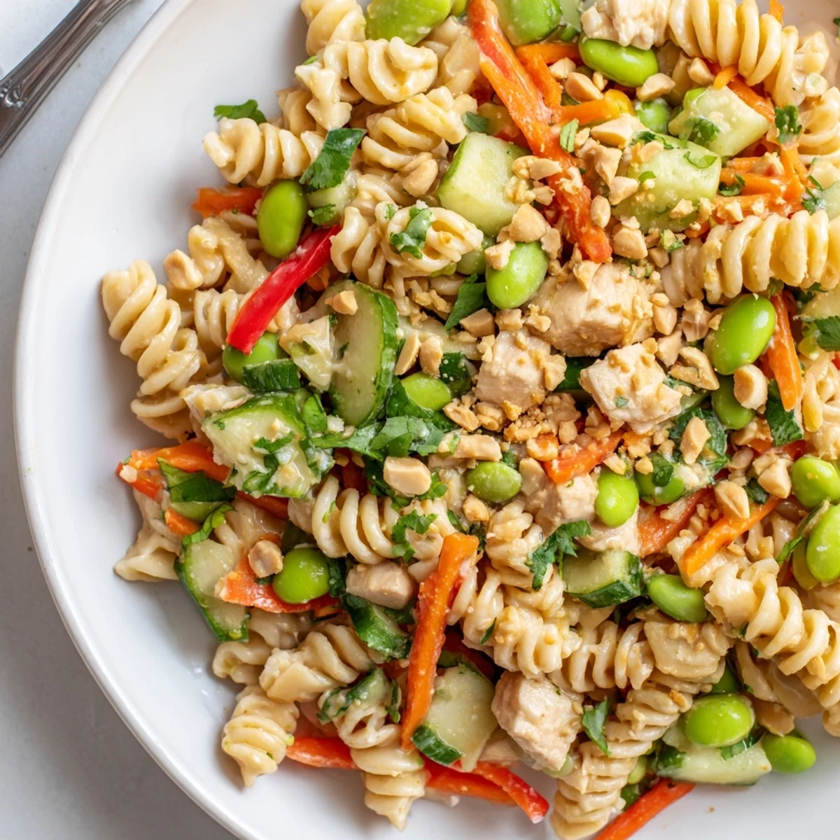 Protein Packed Thai Pasta Salad topped with crushed peanuts fresh cilantro and vibrant bell peppers