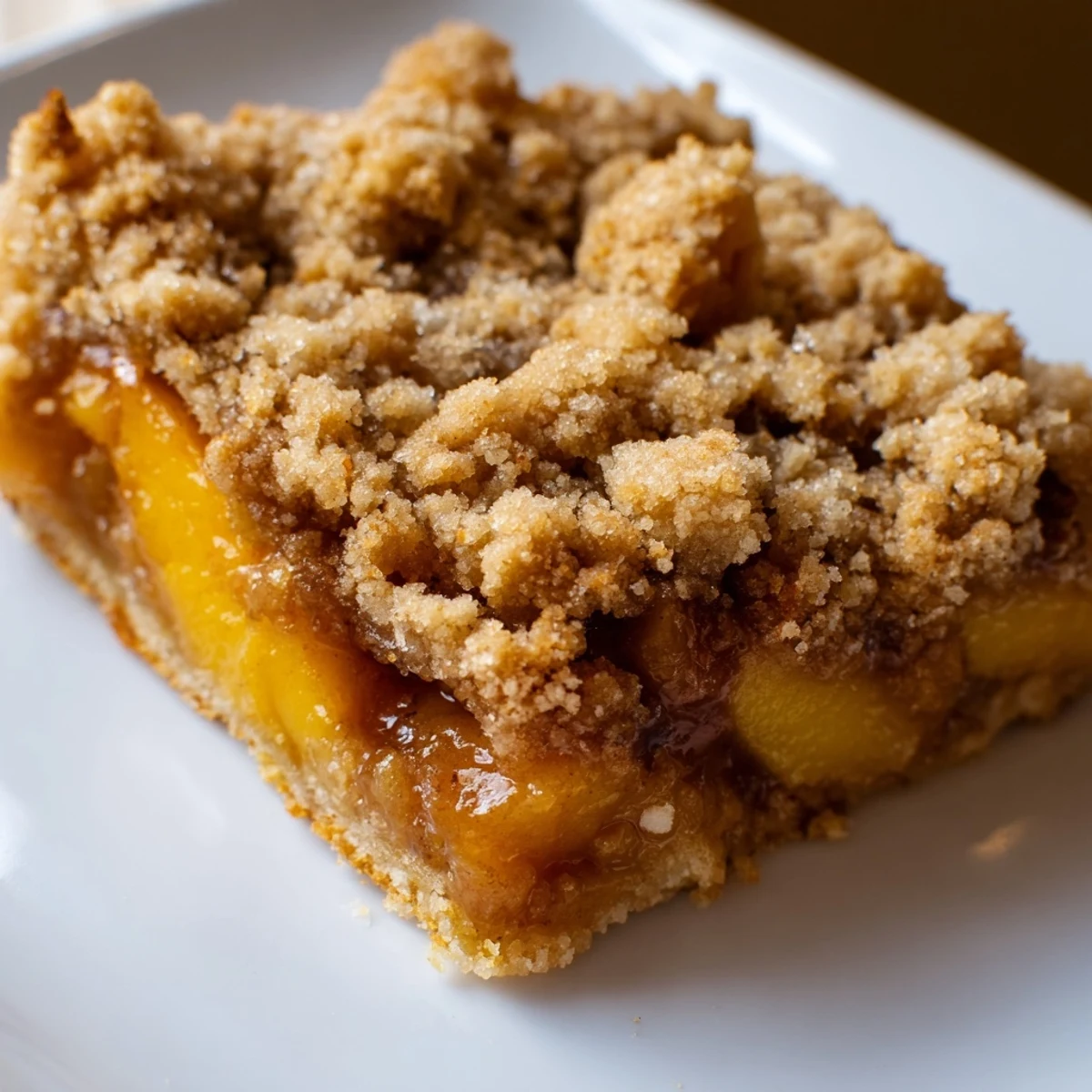 Sweet and buttery peach bars with cinnamon streusel cooling on a rustic cutting board