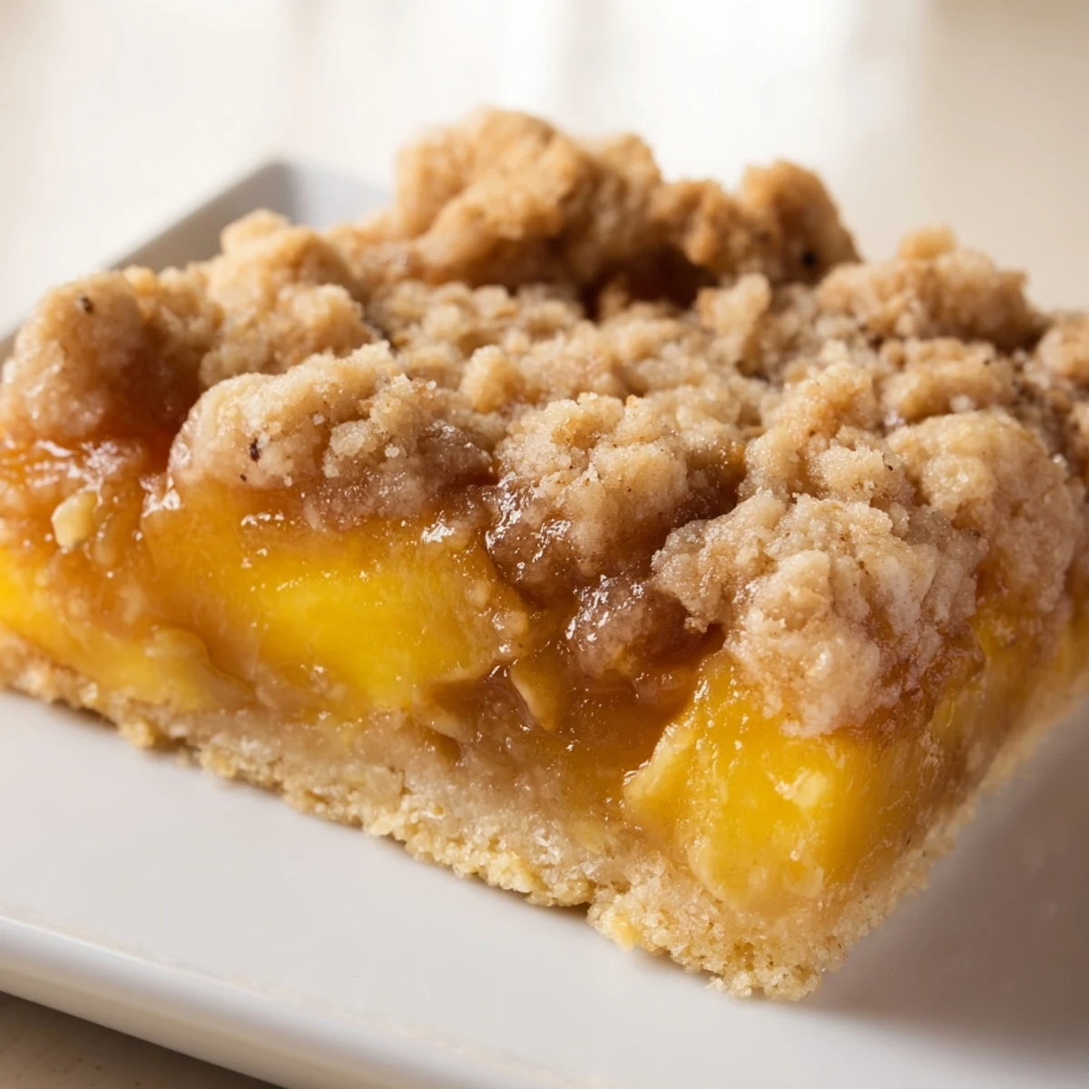 Golden sweet and buttery peach bars with cinnamon streusel served alongside vanilla ice cream