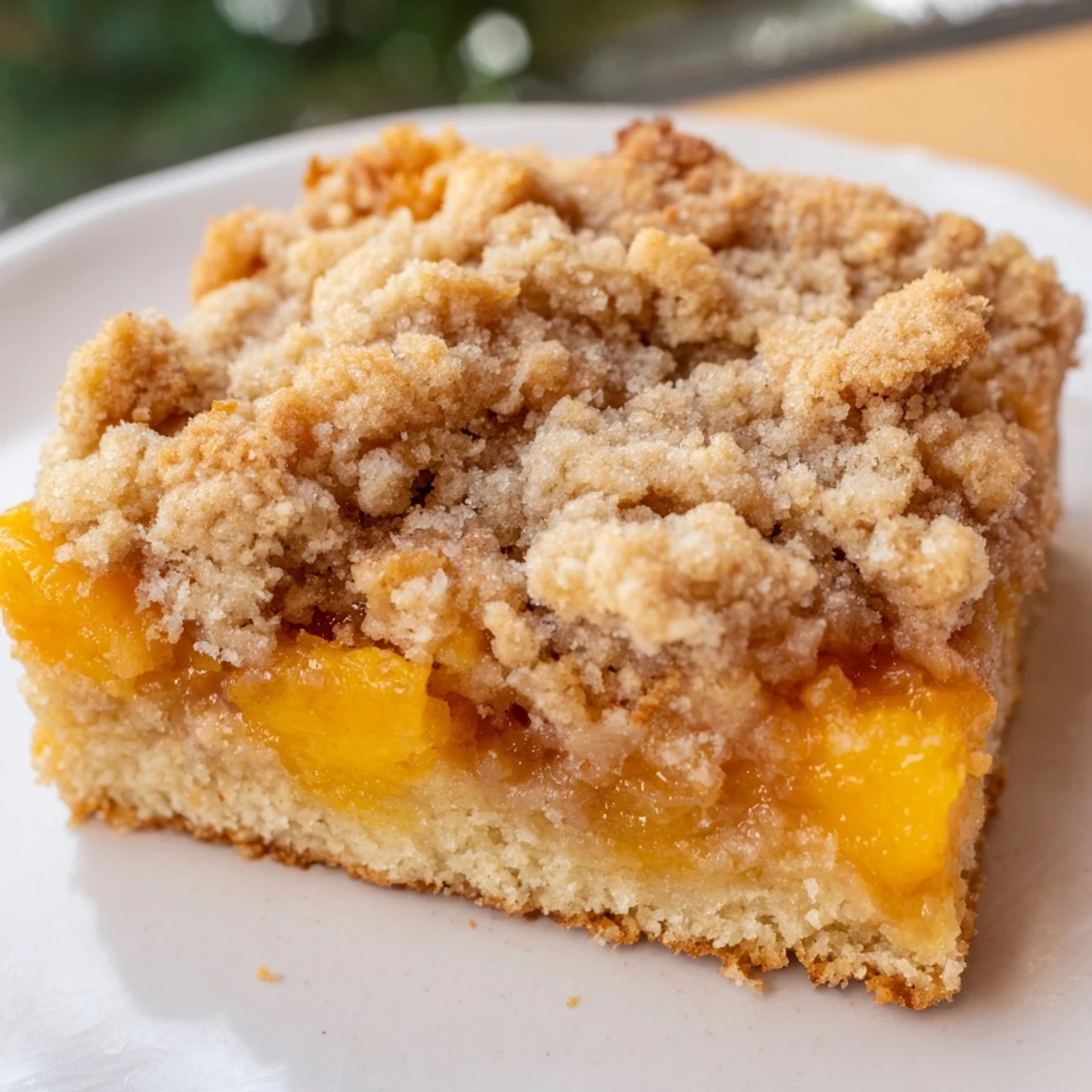 Crumbled cinnamon streusel topping on sweet and buttery peach bars fresh from the oven