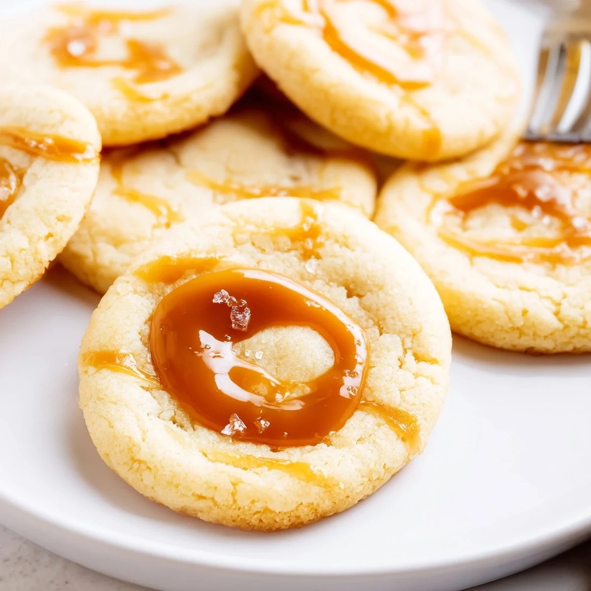 Soft caramel cheesecake cookies with golden edges and creamy swirls on a rustic baking sheet