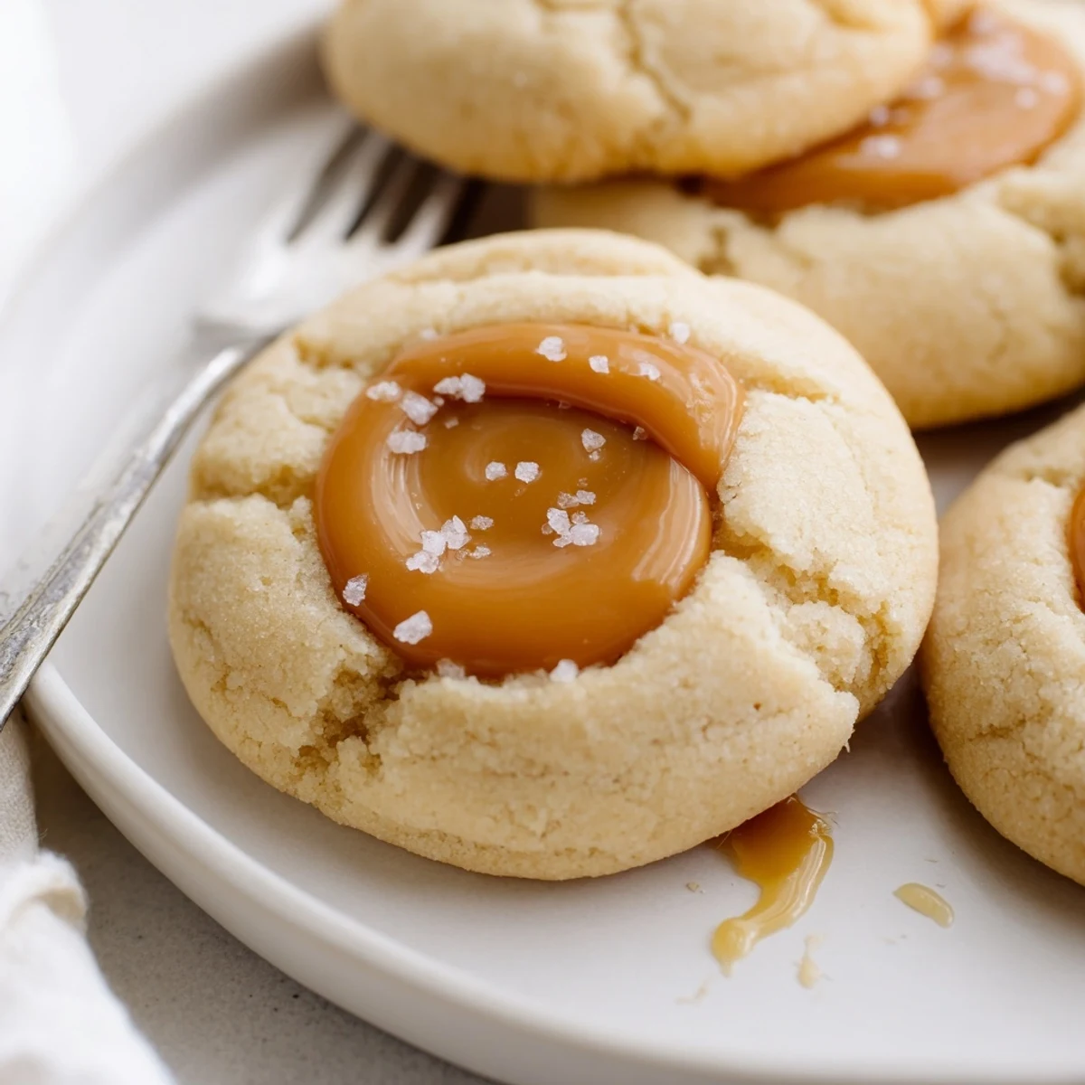 Warm caramel cheesecake cookies arranged on a white plate with drippy caramel drizzle