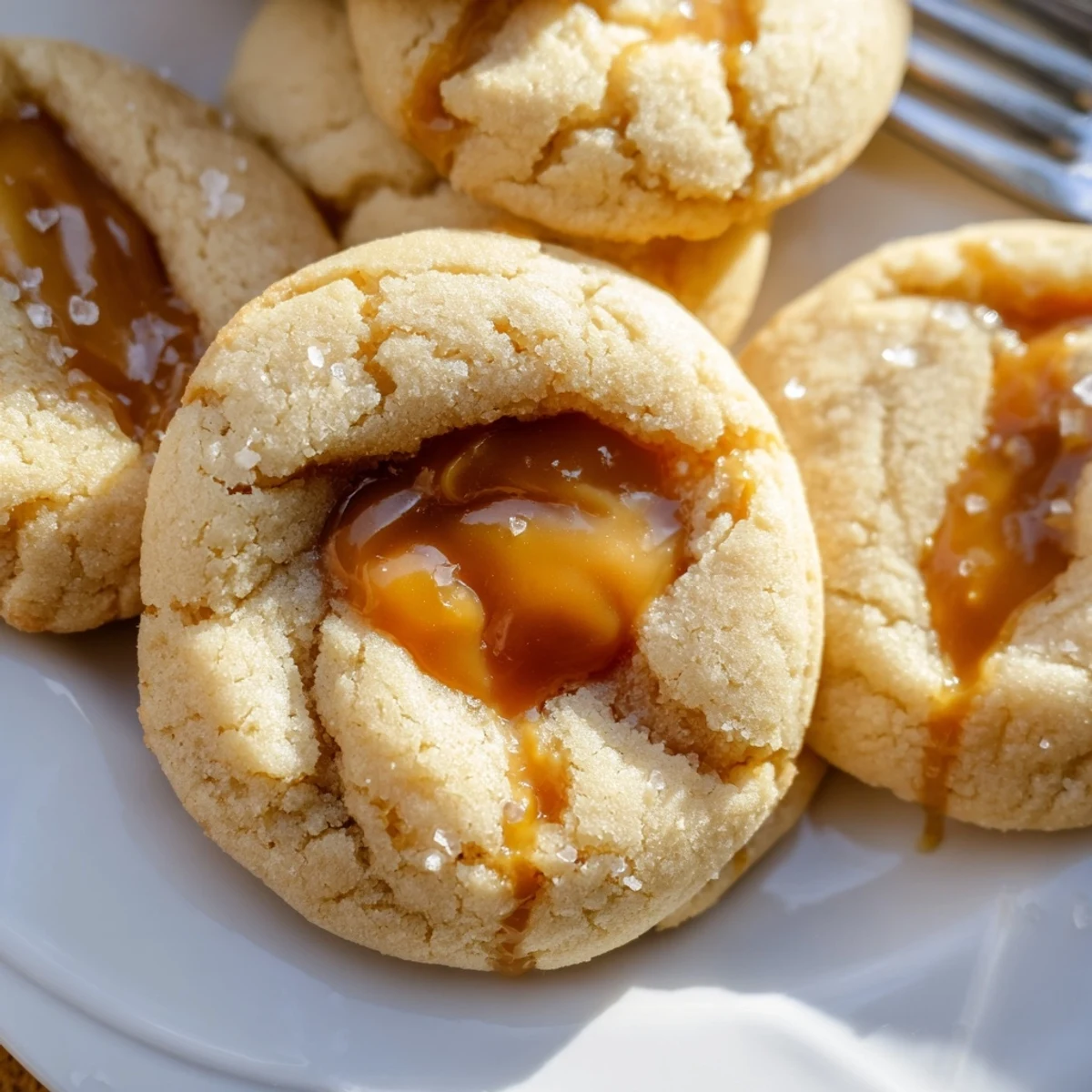 Pillowy caramel cheesecake cookies topped with gooey caramel pools and a sprinkle of sea salt