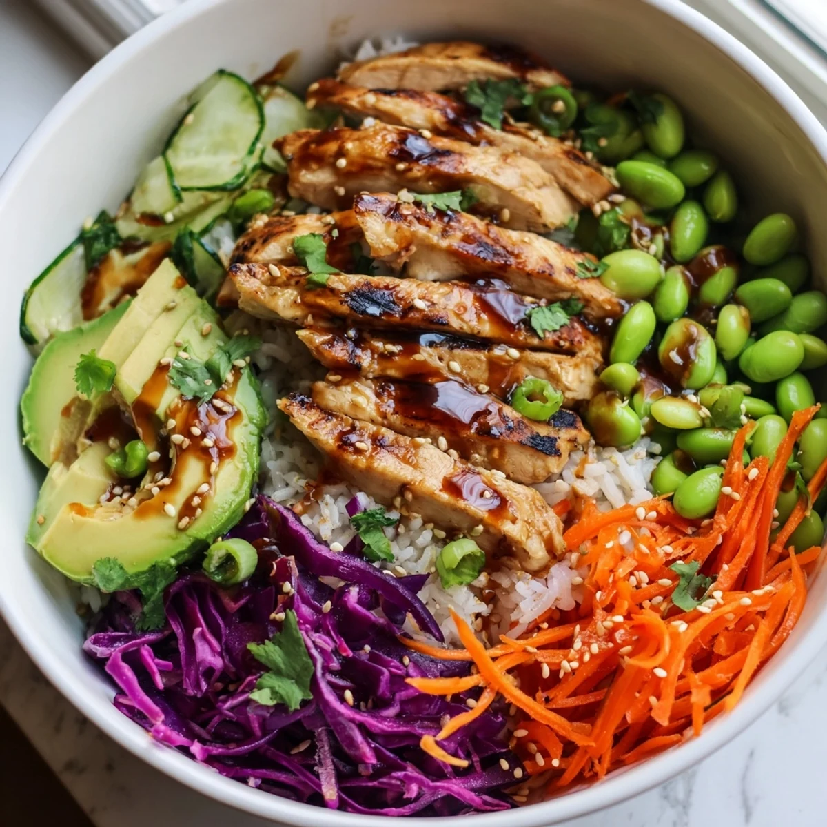 Asian Inspired Chicken Power Bowl with vibrant veggies and sesame ginger dressing drizzled on top