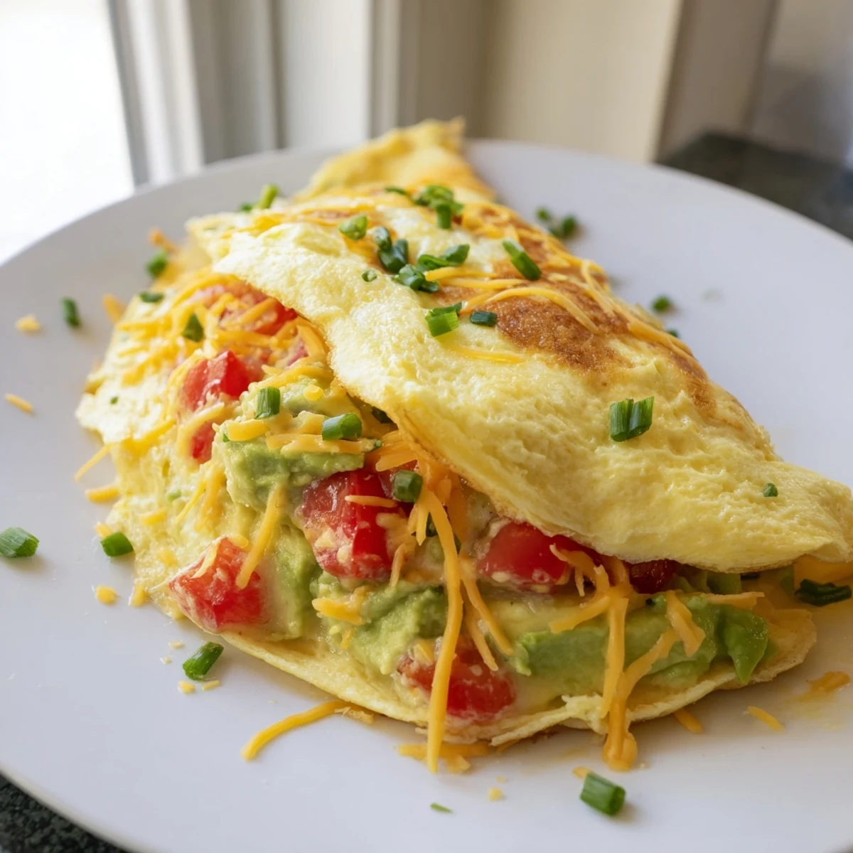 Golden avocado cheesy tomato omelette folded over melted cheddar and fresh diced tomatoes