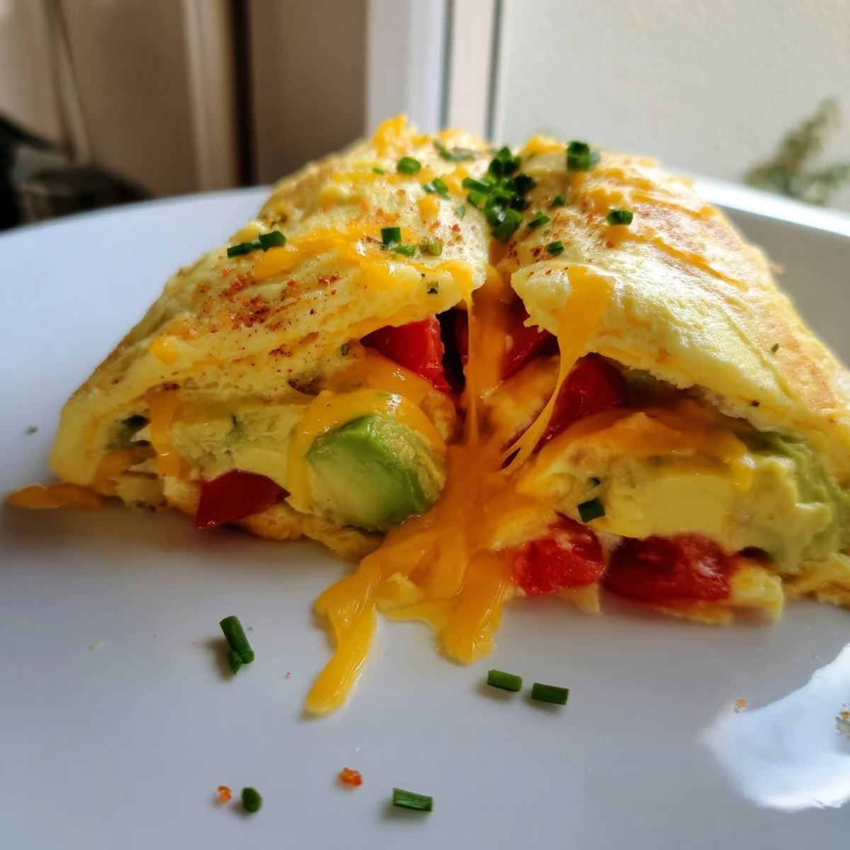 Creamy avocado cheesy tomato omelette garnished with chives on a white breakfast plate