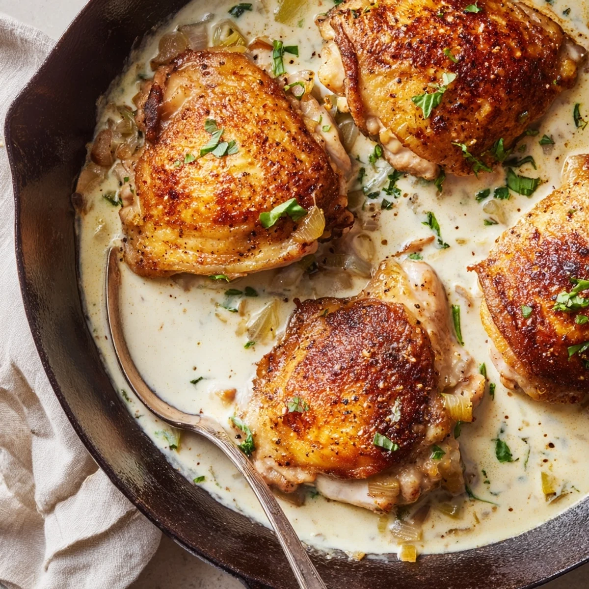Golden oven baked chicken thighs swimming in a creamy garlic Parmesan sauce with herbs
