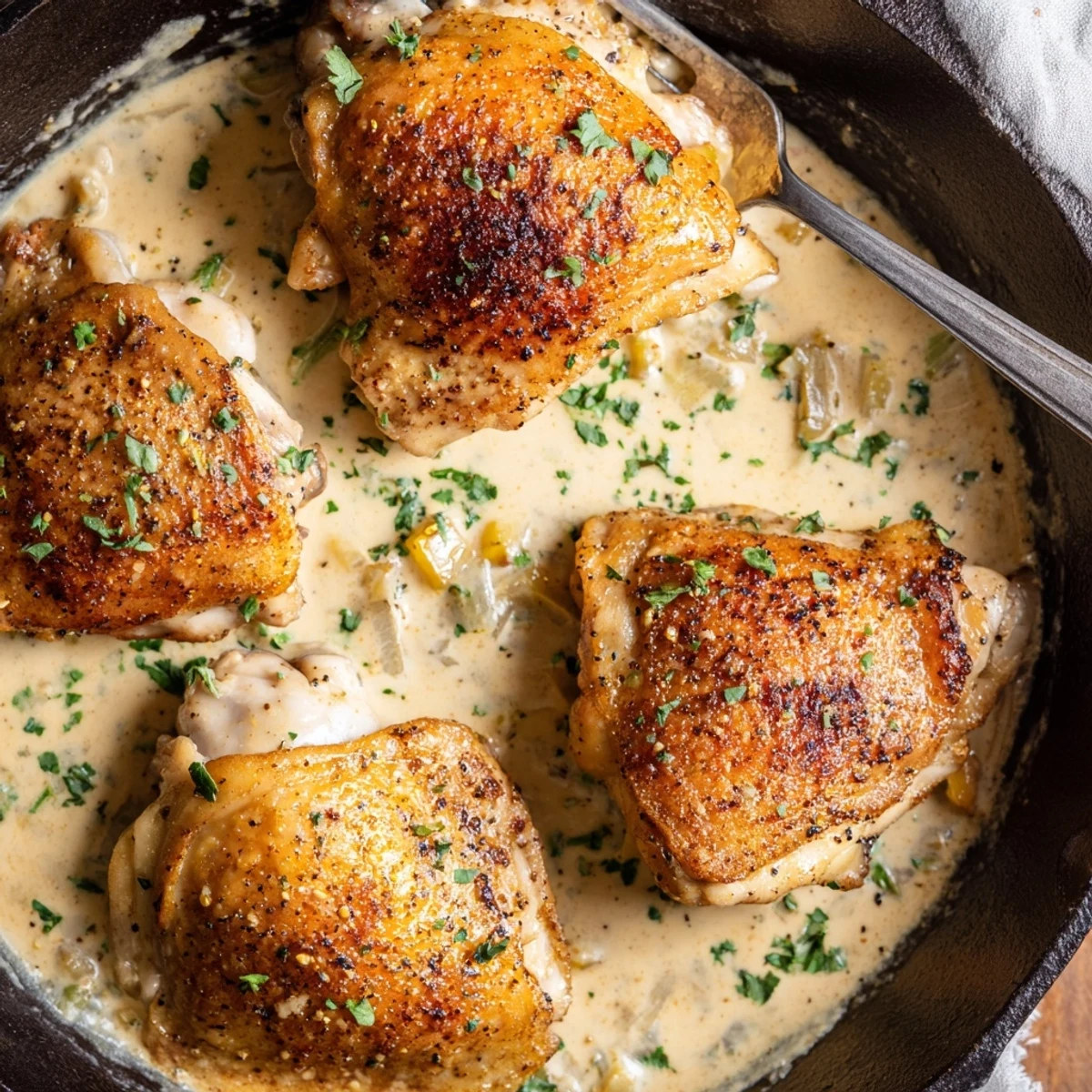 Crispy skinned oven baked chicken thighs nestled in a rich bubbling cream sauce