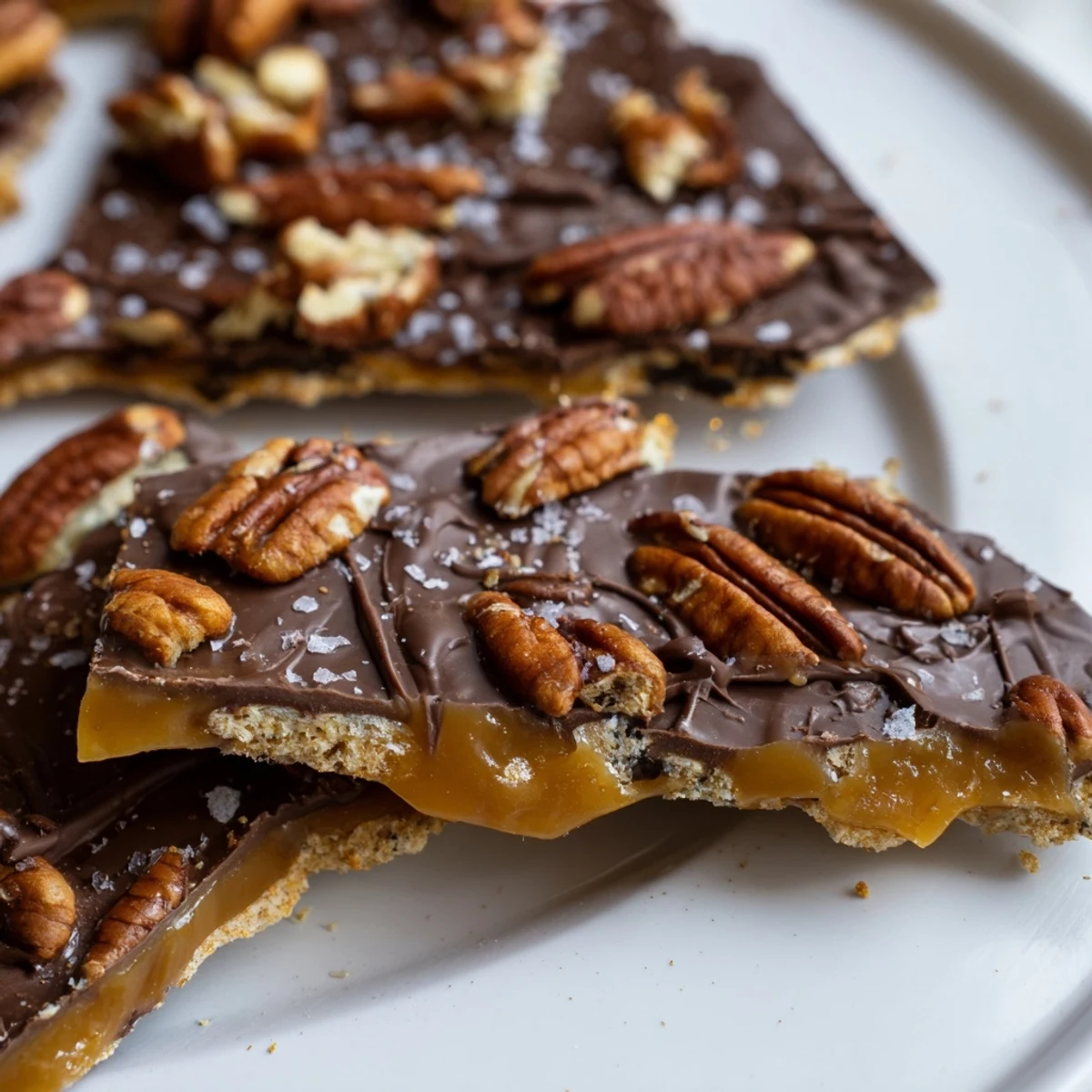 Golden pecan pie bark with gooey caramel and melted chocolate on graham crackers