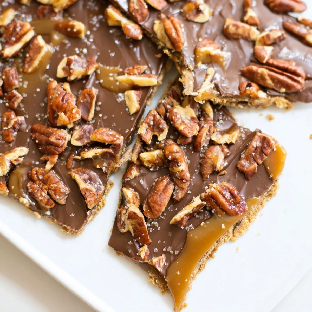 Buttery caramel-coated pecan pie bark topped with toasted nuts and glossy chocolate shards