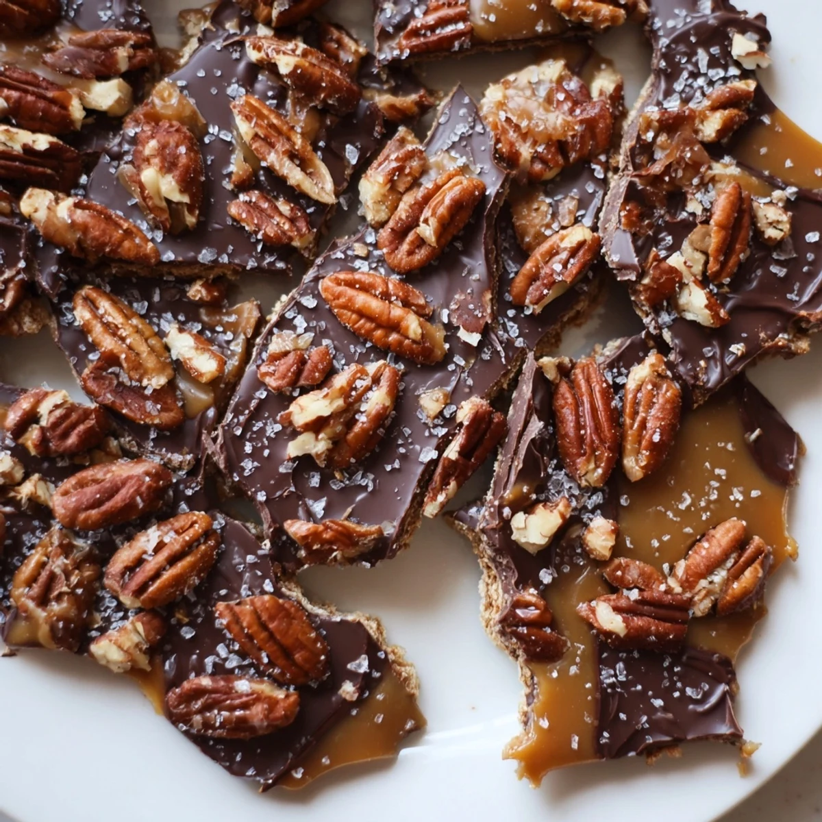 Crunchy pecan pie bark pieces drizzled with rich semi-sweet chocolate and sea salt