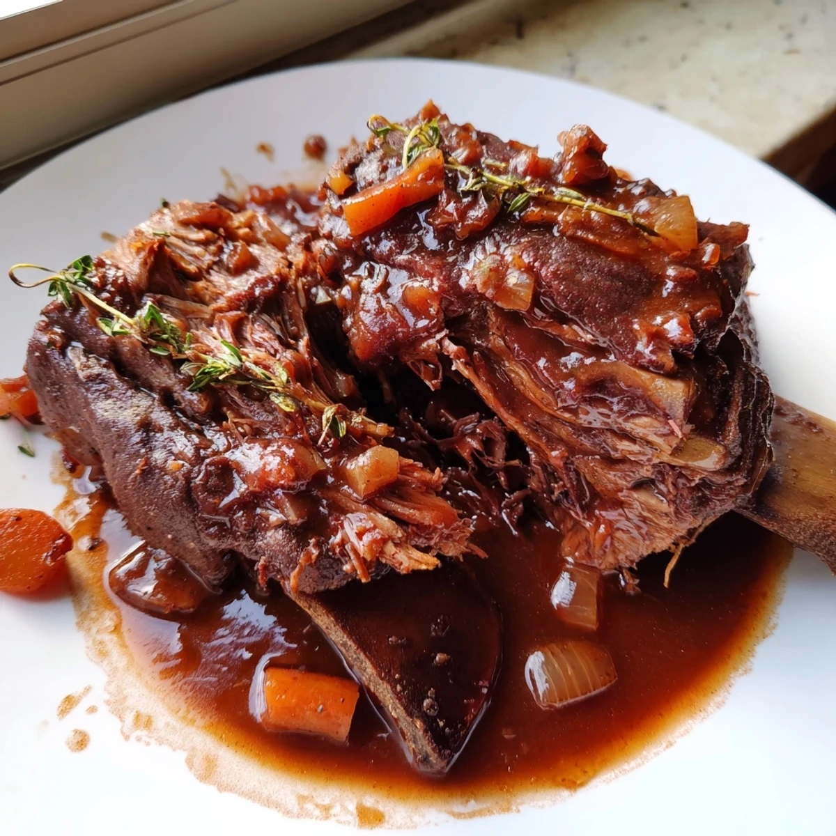 Fall-apart tender oven braised beef short ribs glazed in rich red wine reduction