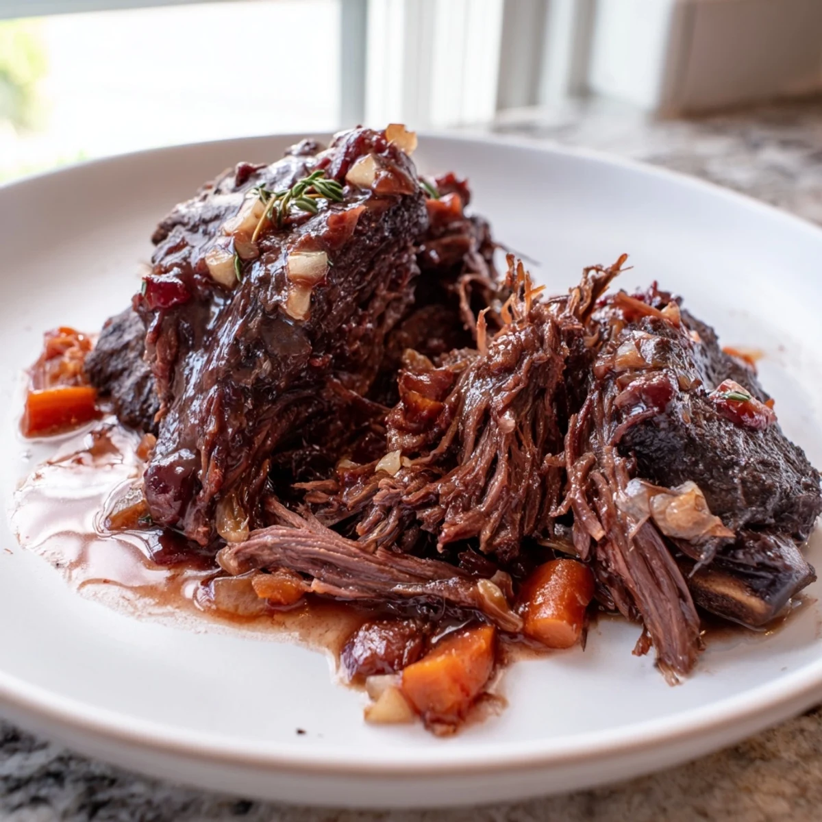 Juicy oven braised beef short ribs nestled over creamy mashed potatoes with aromatic herbs
