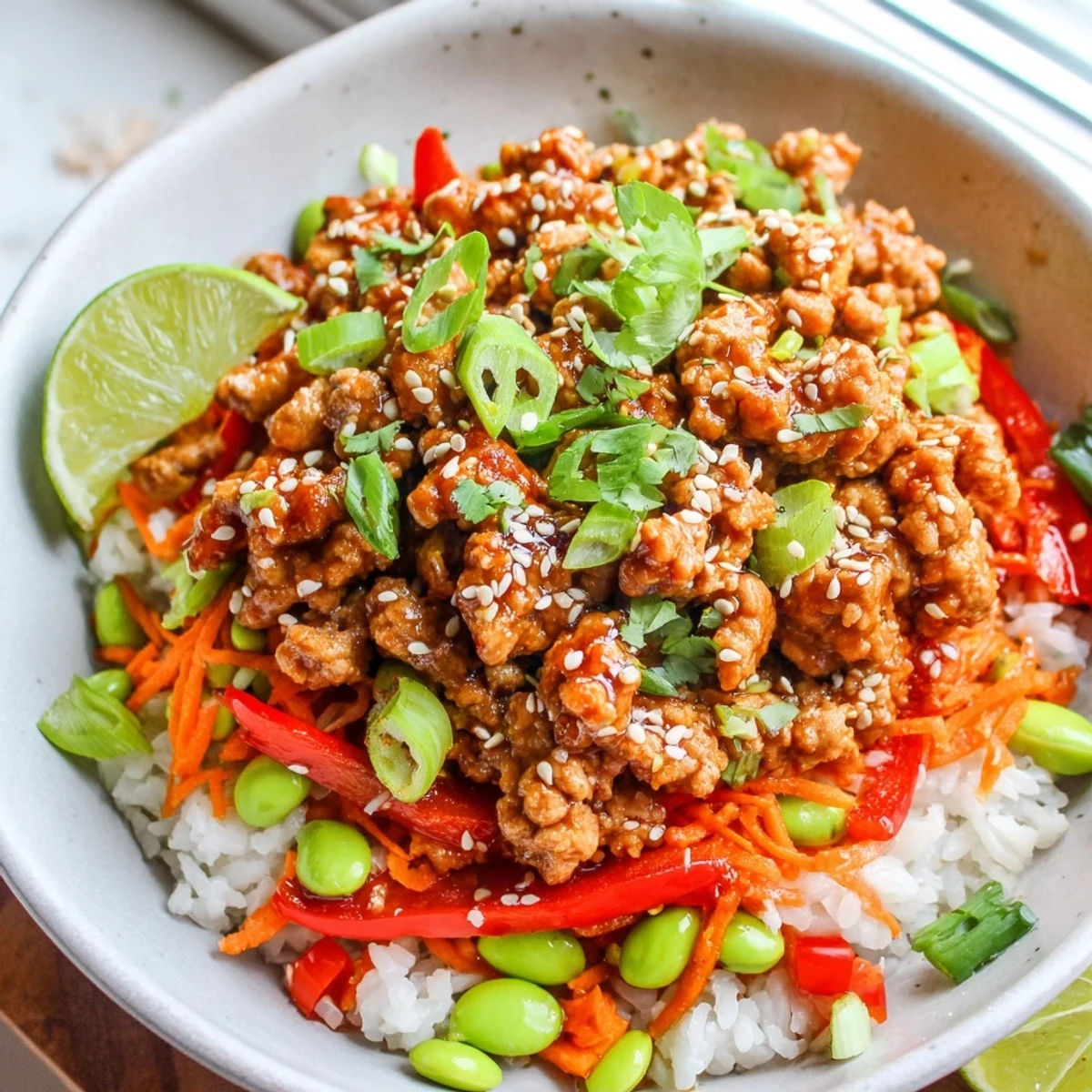 Ground Turkey Rice Bowls topped with sesame seeds, cilantro, and a lime wedge