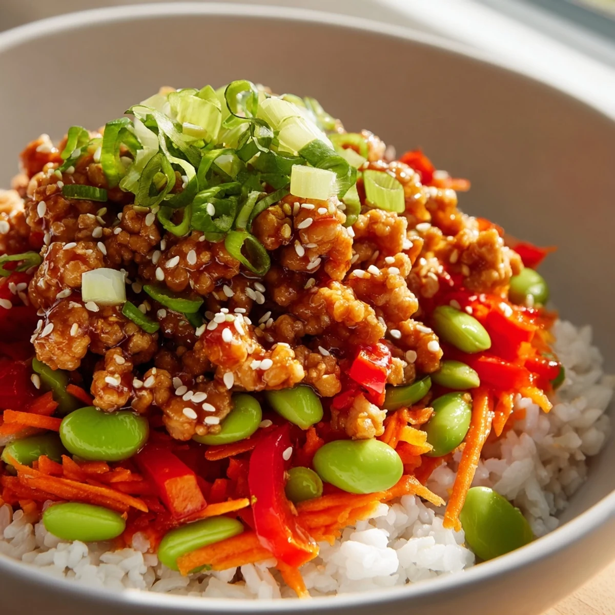 Hearty ground turkey rice bowls with colorful bell peppers, carrots, and edamame