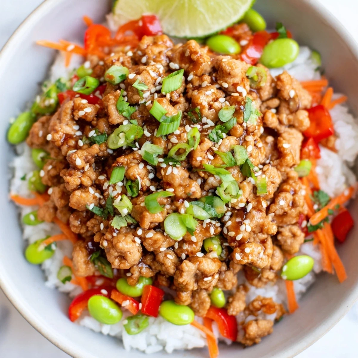 Savory ground turkey rice bowls drizzled with spicy sriracha sauce and fresh green onions